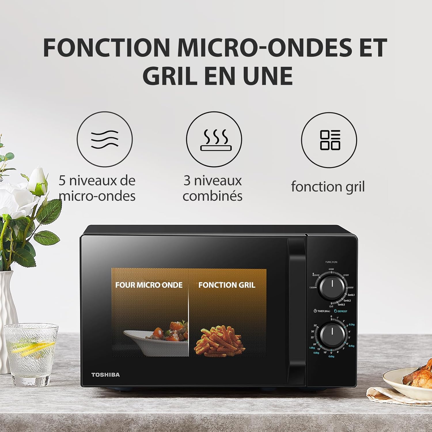 Micro-ondes grill pose libre - TOSHIBA - MW2-AG23P(BK) - Noir - 23L - 900W - Grill 1050W - Digital - 5