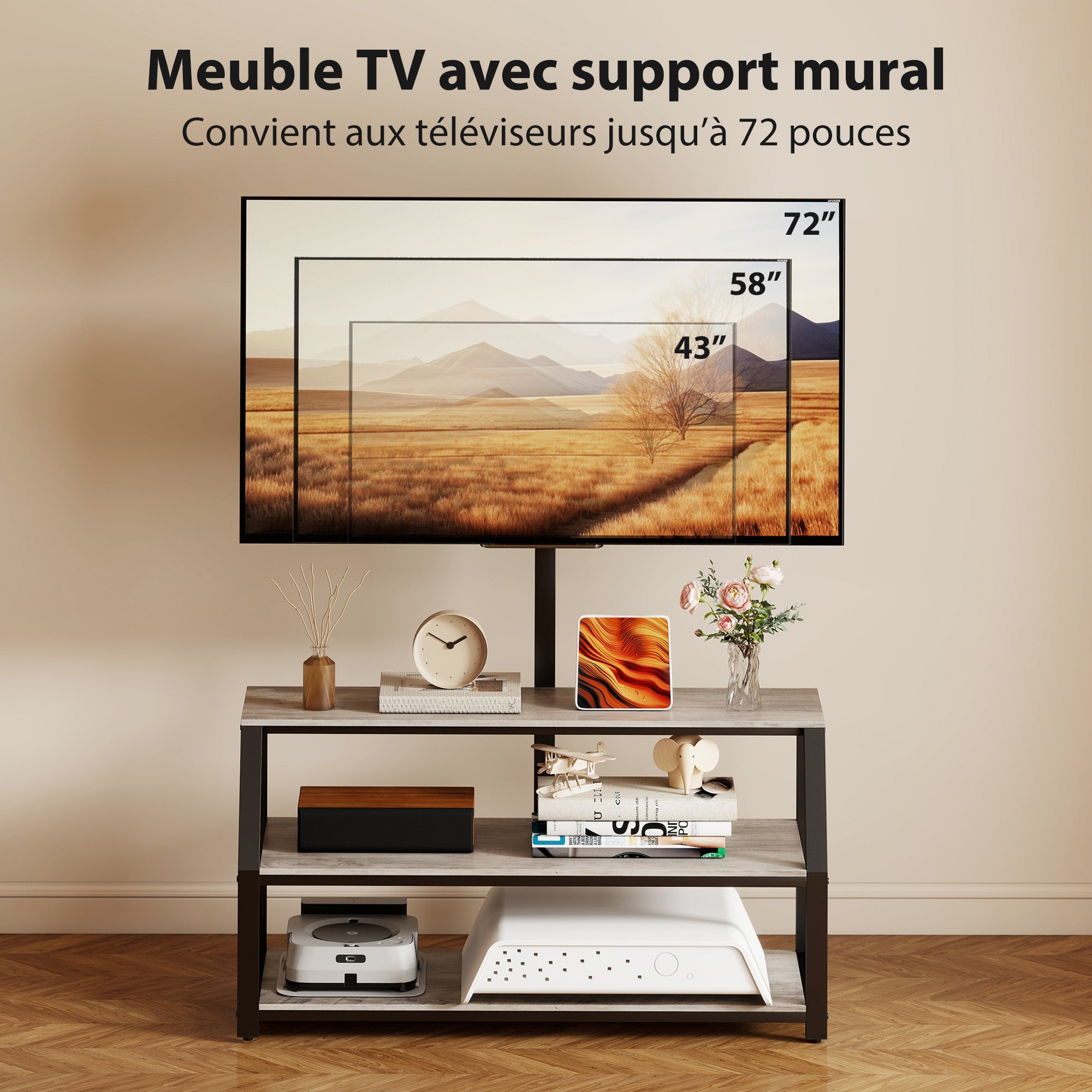 Meuble tv avec support pour téléviseurs jusqu'à 72 pouces meuble télé avec 2 étagères ouvertes gris 110x43x150cm finition de qualité - 6