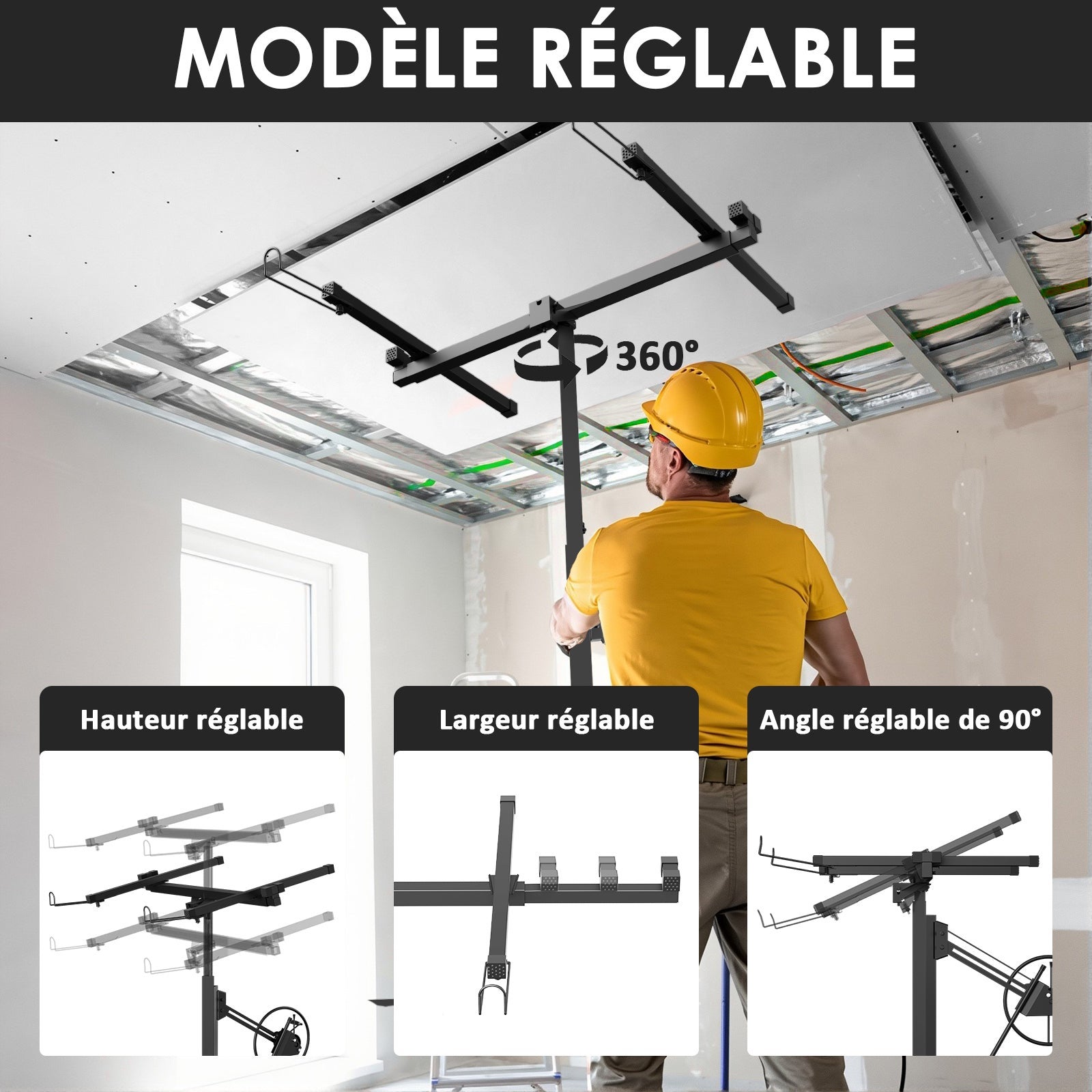 TEENO Grue à plaques de plâtre XXL – Charge maximale 68 kg, hauteur réglable 140–325 cm, couleur noire - 3