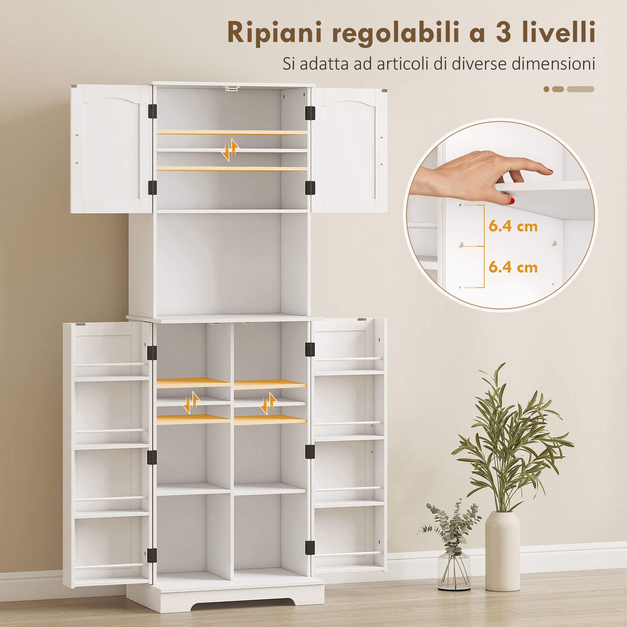 Meuble de cuisine de 181,5cm de haut,avec 8 étagères à épices sur la porte,4 portes,étagères réglables,support pour micro-ondes,blanc. - 7