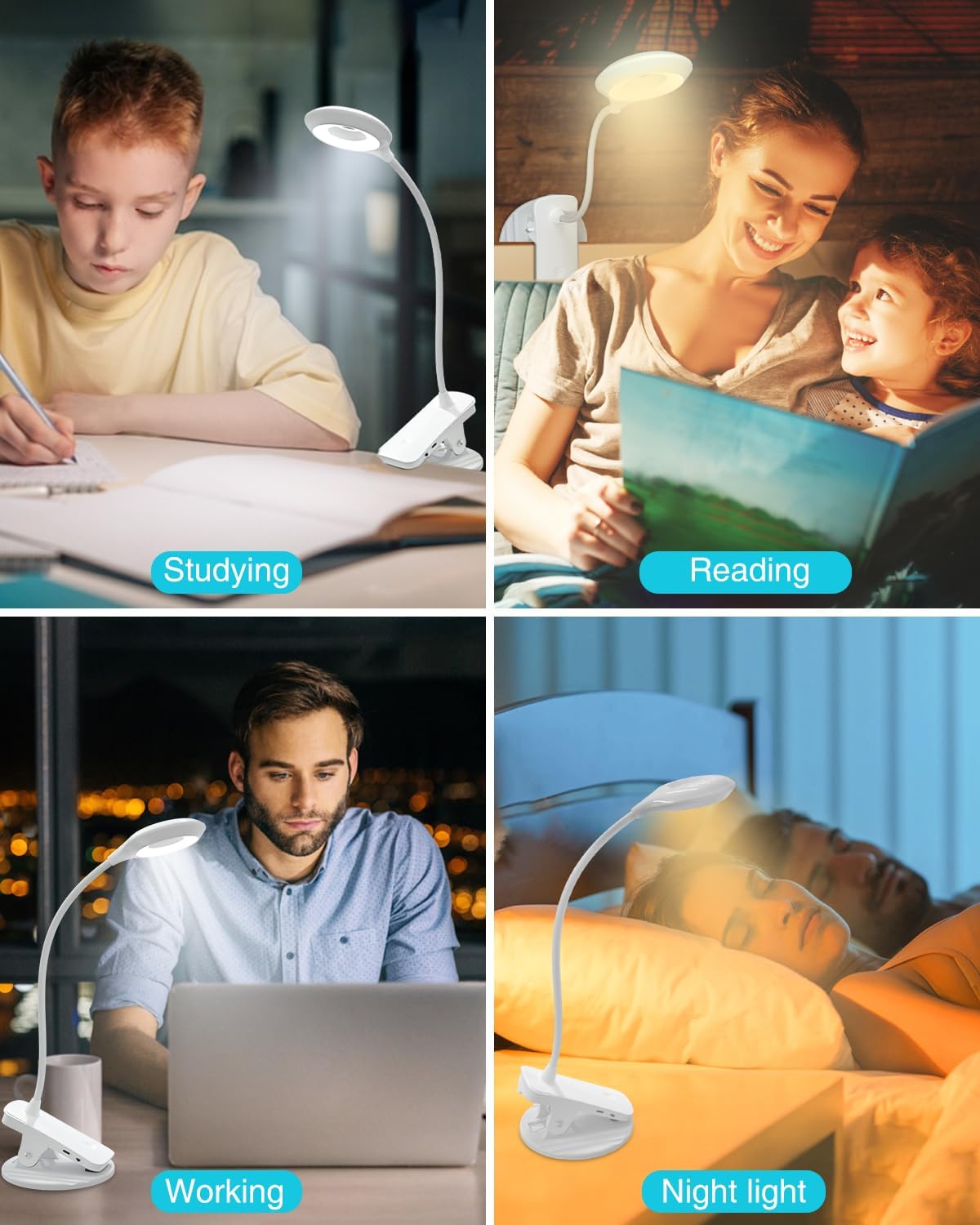 Lampe de bureau sans fil, lampe de table LED rechargeable, lampe de lecture à intensité variable, lampe à pince, veilleuse, 3 températures de couleur - 7