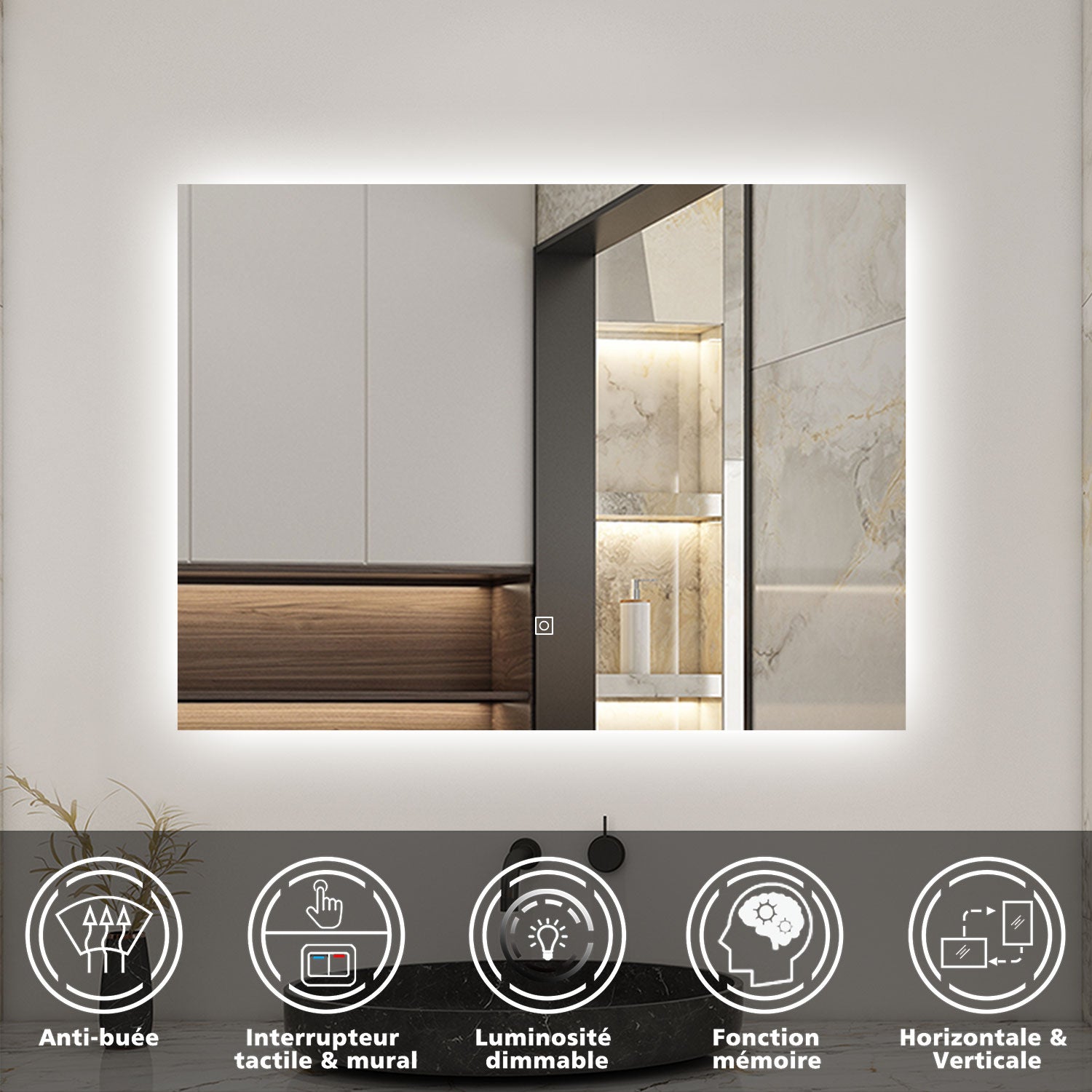 AICA LED Miroir lumineux 80x60cm anti-buée + dimmable + mémoire miroir salle de bain - 2