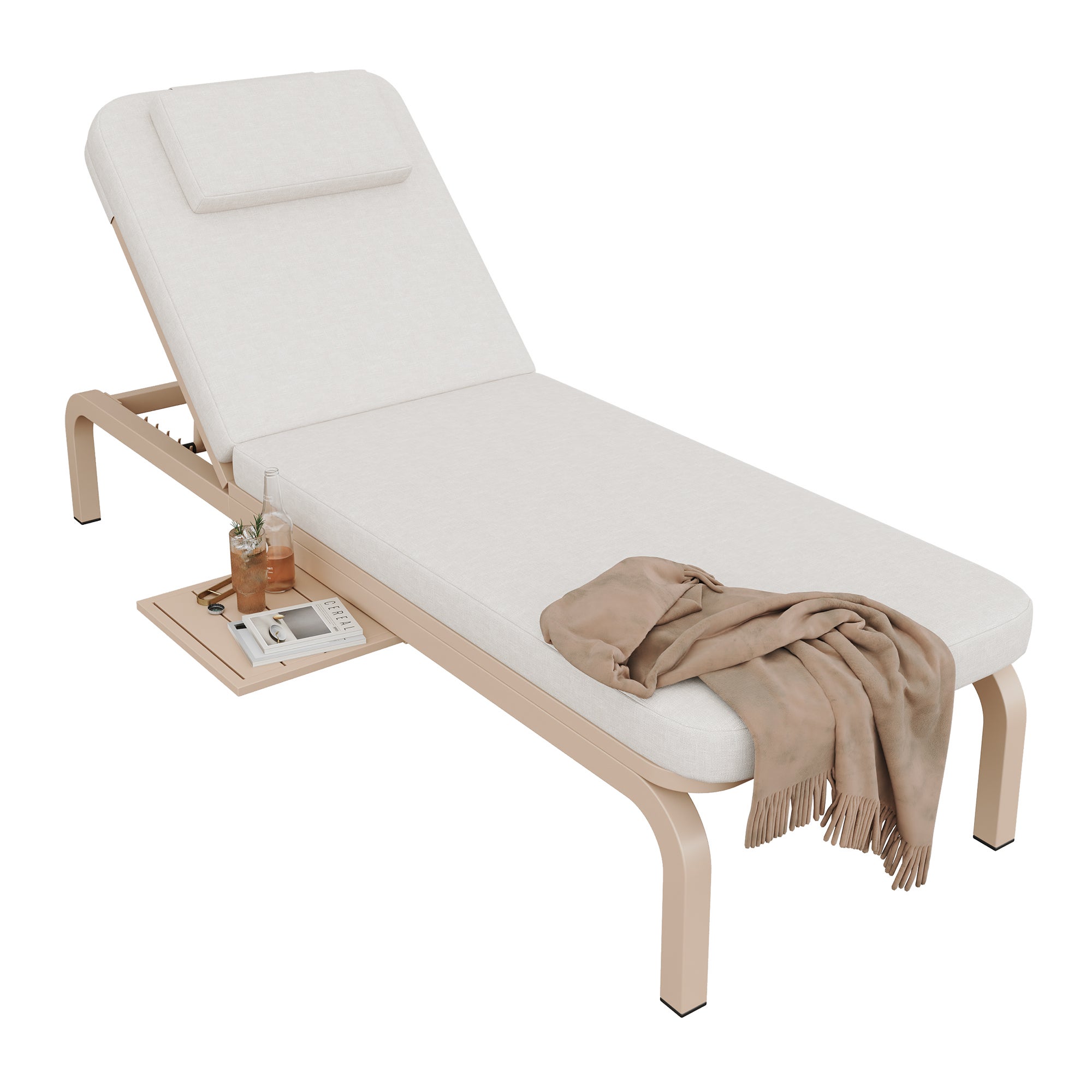 Tumbona con mesa auxiliar y respaldo regulable - 194 x 63 x 93 cm - Acero galvanizado y poliéster - Beige - 8