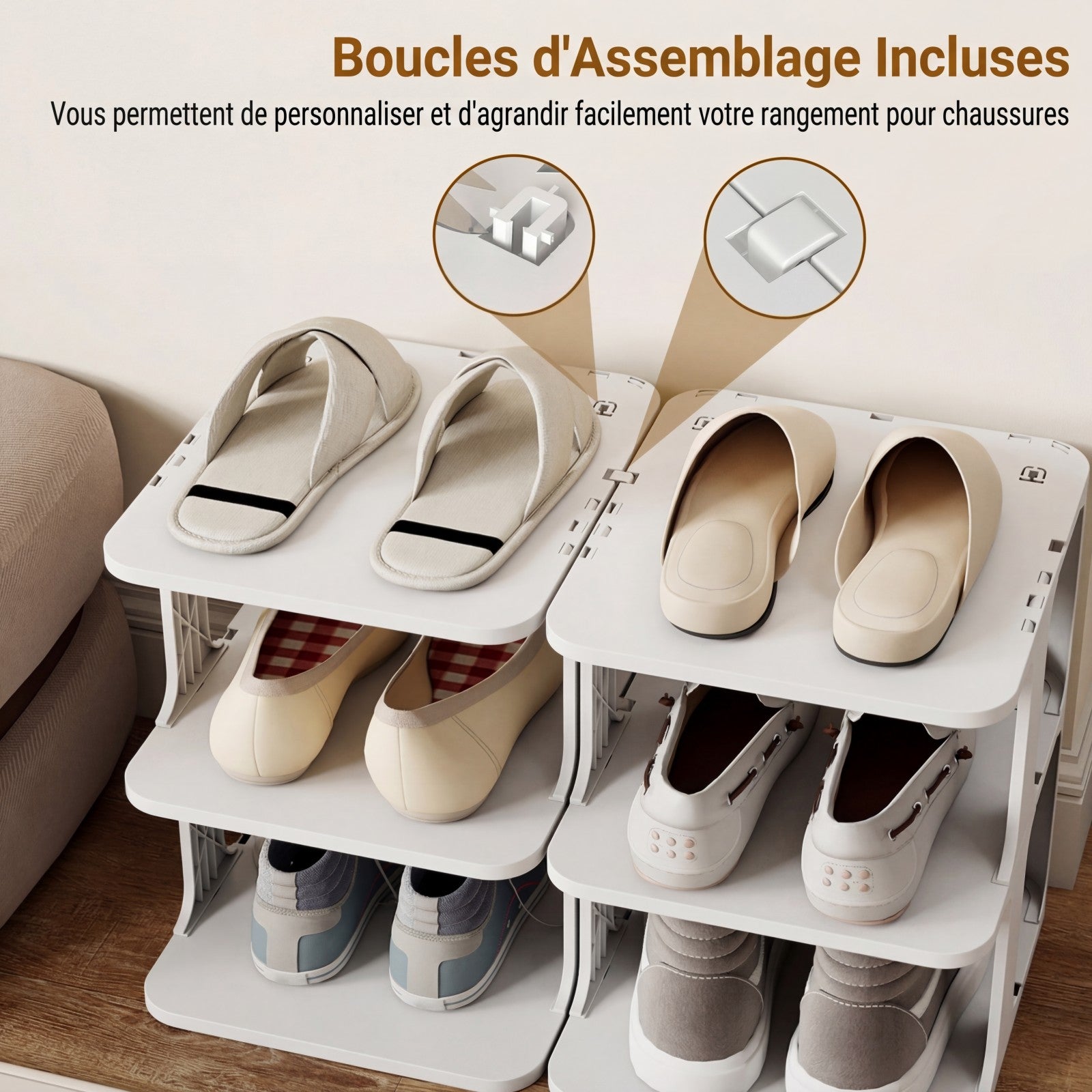 Étagère à Chaussures Empilable à 6 Niveaux , Organiseur de Chaussures Vertical Compact en Plastique, pour Entrée , Montage sans Outil, Blanc - 2