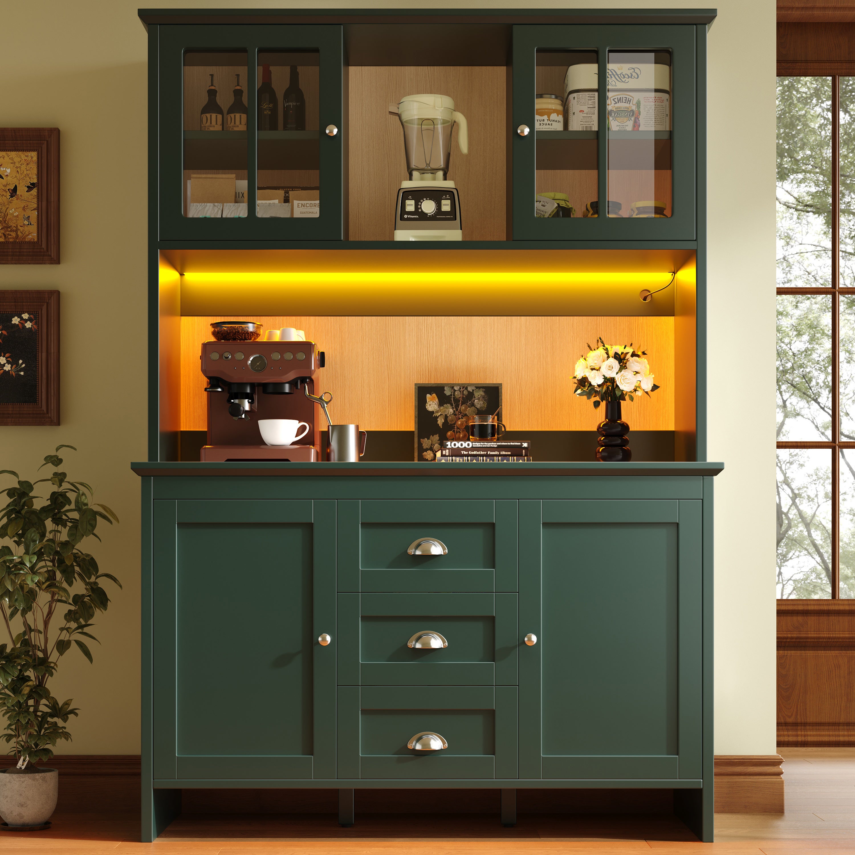 Kredens kuchenny z 4 drzwiami i 3 szufladami, witryna - 120 x 40 x 179 cm - diody LED - płyta MDF i szkło - kolor zielony