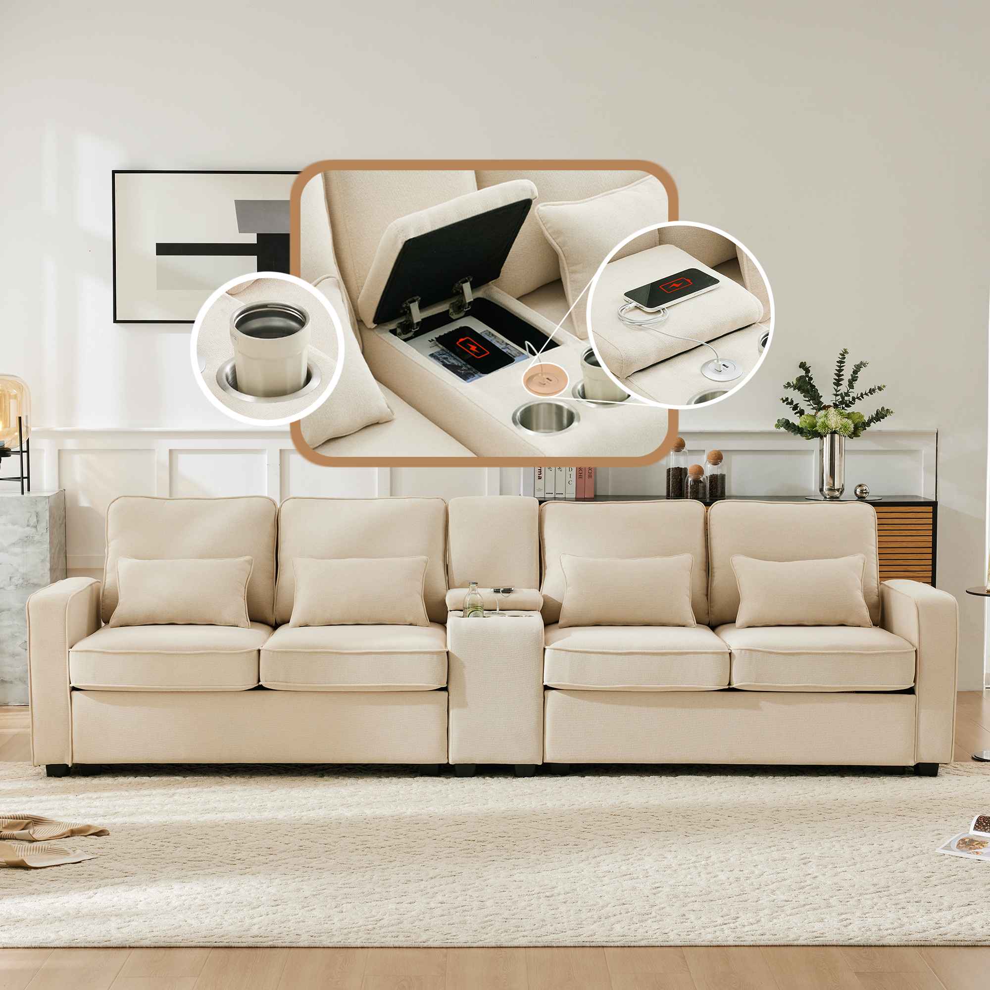 4-osobowa sofa w tkaninie lnianej z konsolą centralną, uchwytami na kubki, portami USB i poduszkami w zestawie