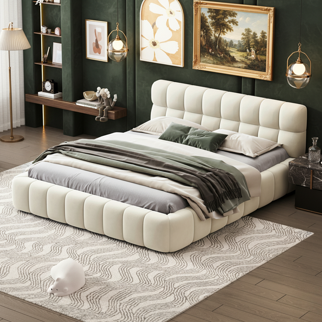 Lit double 140x190 cm - avec tête de lit capitonnée, sommier à lattes et bords rembourrés, lin, style classique - beige