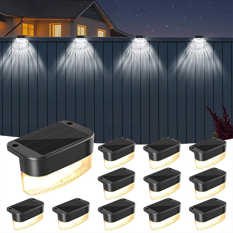 Zestaw 12 solarnych lamp zewnętrznych do ogrodzenia, lampy solarne LED na taras, oświetlenie schodów, światło białe