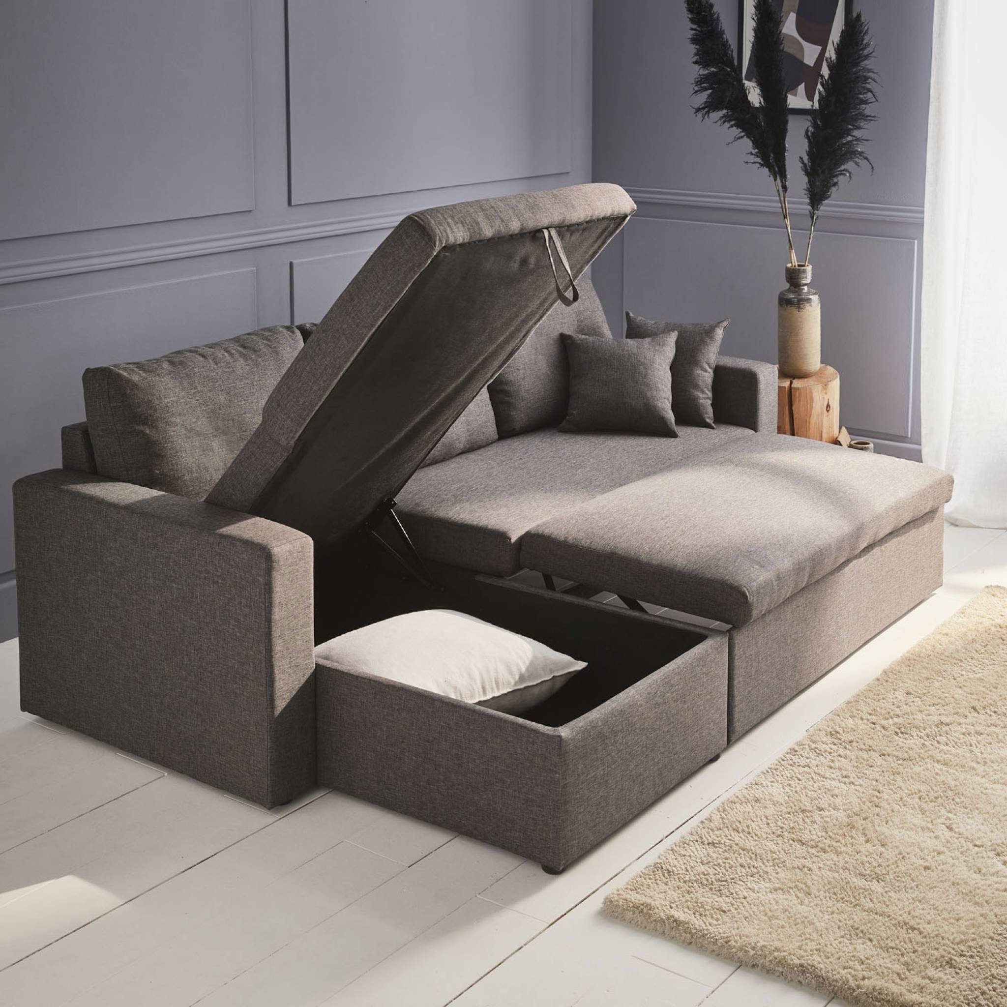 Canapé d'angle convertible en tissu gris chiné foncé - IDA - 3 places. fauteuil d'angle réversible coffre rangement lit - 6