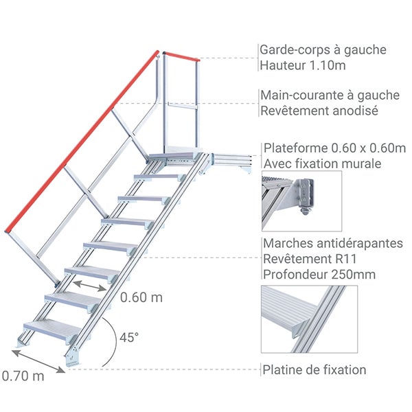 Escalier industriel 5 marches - Hauteur à franchir 1.05m - Inclinaison 45° - Main-courante à gauche - 22210605 - 4