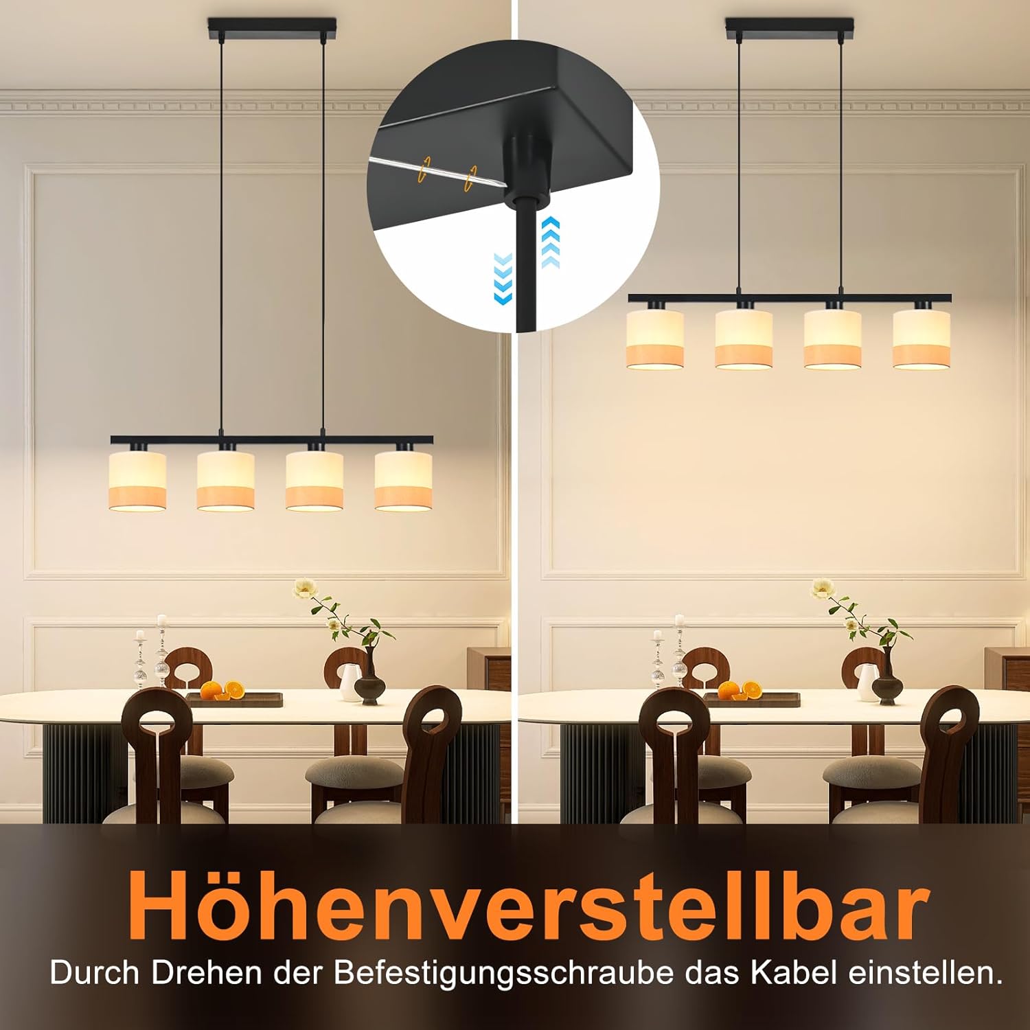 ZMH Lampa wisząca w stylu vintage w kolorze białym, 4 żarówki, gniazdo E27, regulowana wysokość, żarówka nie jest dołączona - 4