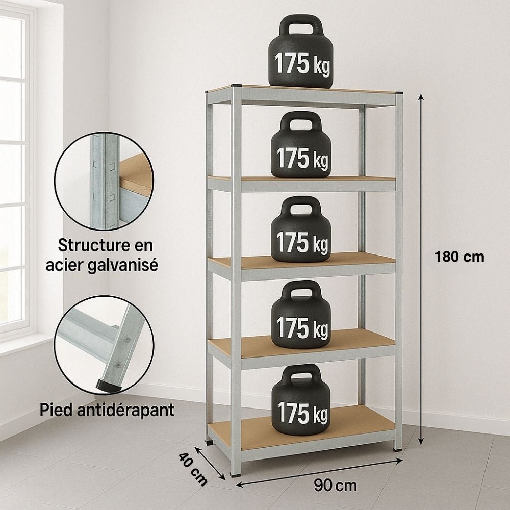 Étagère Rangement modulable - 90 x 180 cm - 875 kg max - 5 niveaux - 40 cm - Gris - 2