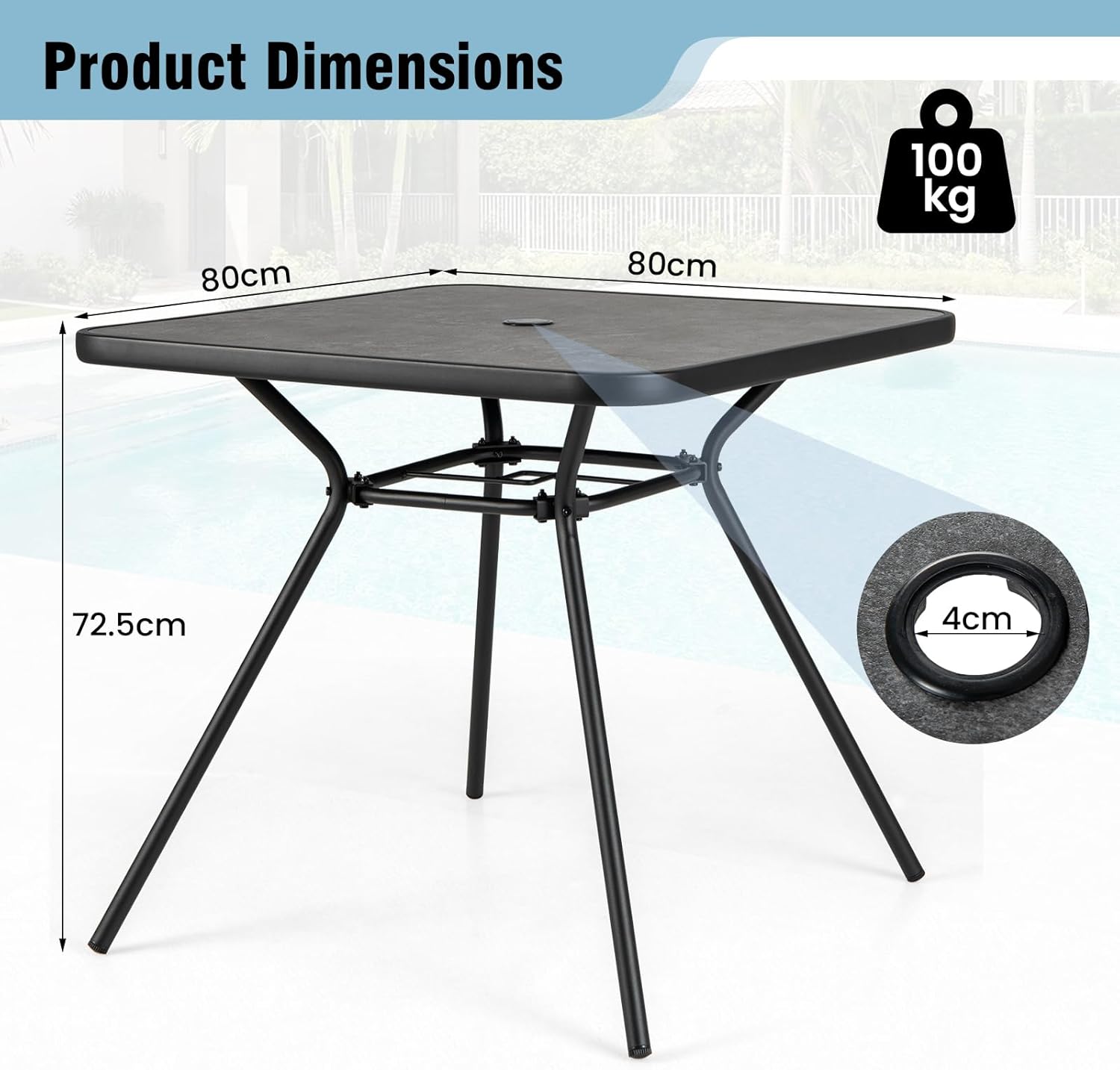 Table de Jardin Carrée 80 CM avec Trou de Parasol 4 CM, Cadre en Métal Robuste, Table Balcon Exterieur Style Moderne avec Dessus SPC, Charge 100KG - 3