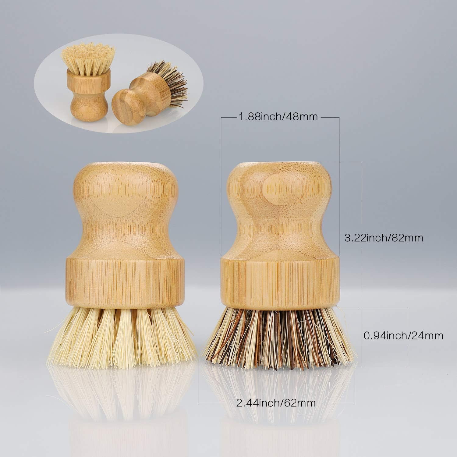 2 Pcs Brosse Vaisselle en Bambou, Brosse a Champignon de Nettoyage pour Évier de Cuisine, Brosse Vaisselle Domestique avec Poils Durs et Doux - 2