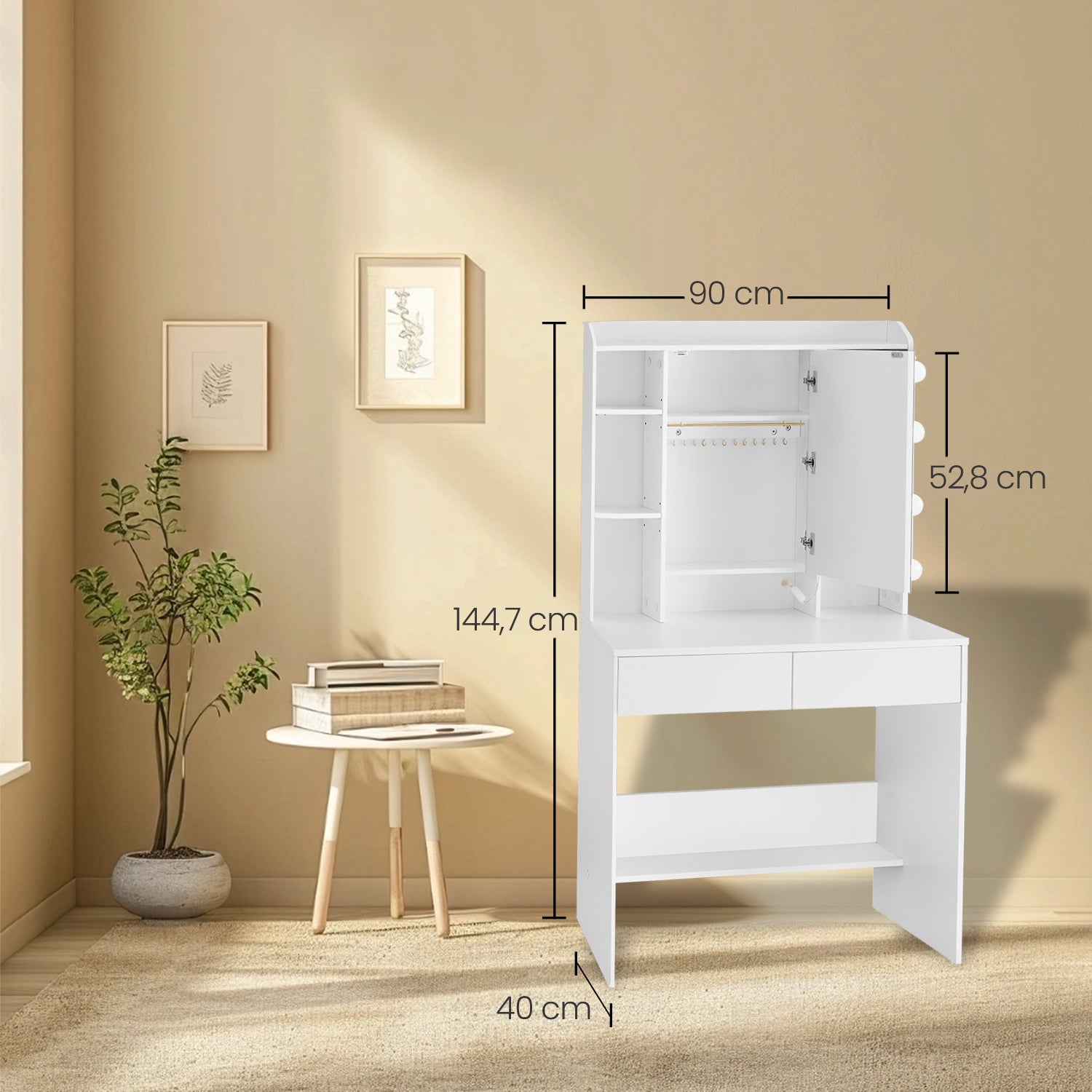 Coiffeuse avec 9 Lumières LED, 3 Tonalités et Luminosité Réglable, Moderne, avec Miroir, Étagères Réglables, 2 Tiroirs, Blanc Nuage - 4