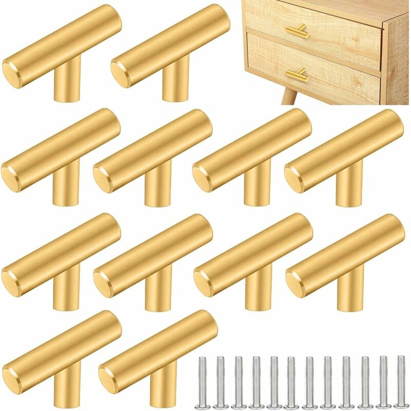 12 SZT. Uchwyt Meblowy Kuchenny Ze Stali Nierdzewnej 50 32mm Uchwyt Meblowy T Gałka Meblowa z 12 Śrubami do Szafki Drzwi Szafy, Złoty