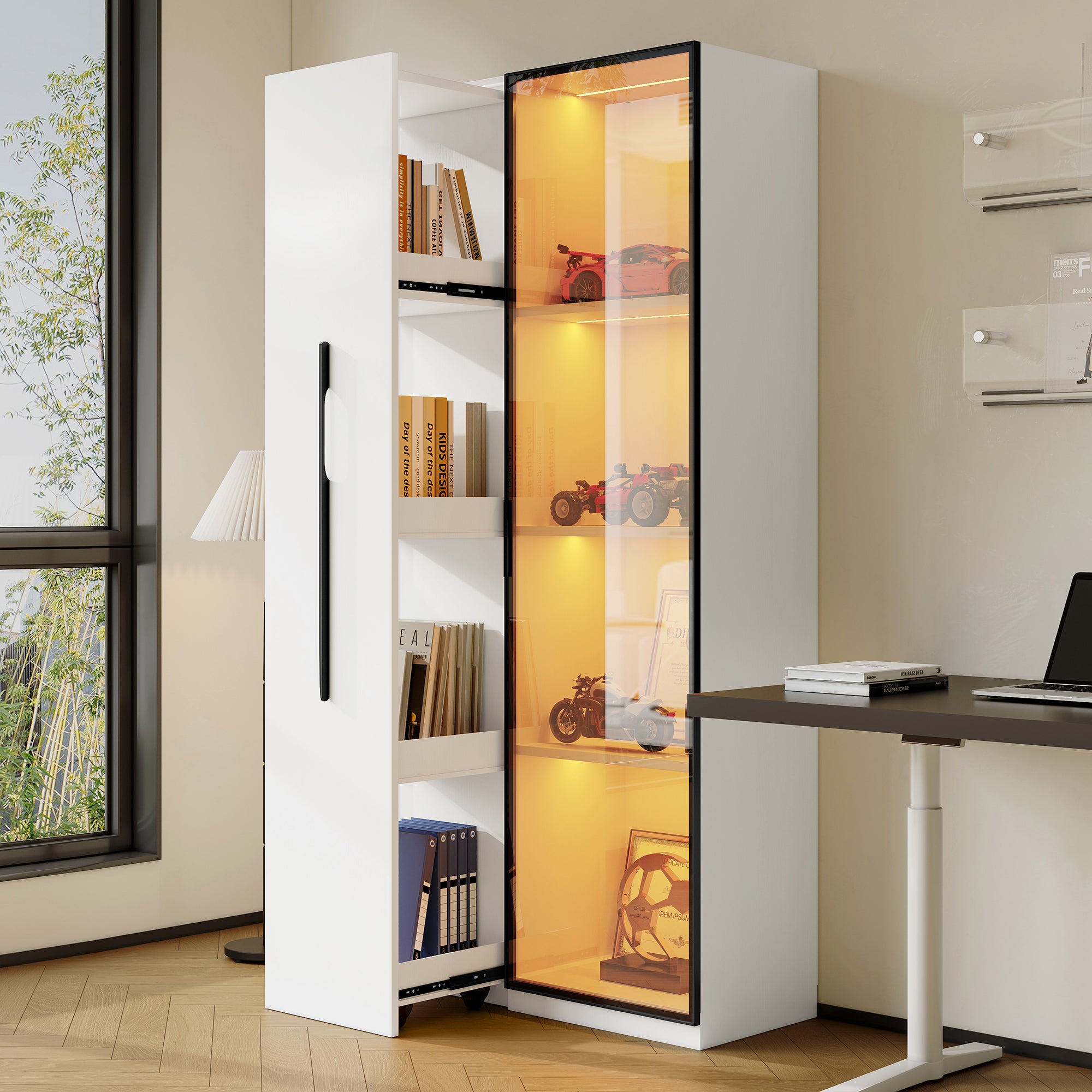 Filing - Armadio alto con ante in Vetro telaio in alluminio anodizzato e 2 ante in legno h 211,7