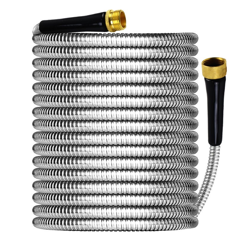 Wąż ogrodowy o długości 25 stóp, wąż wodny ze stali nierdzewnej, wąż wodny odporny na załamania, solidny i szczelny wąż metalowy na patio zewnętrzne