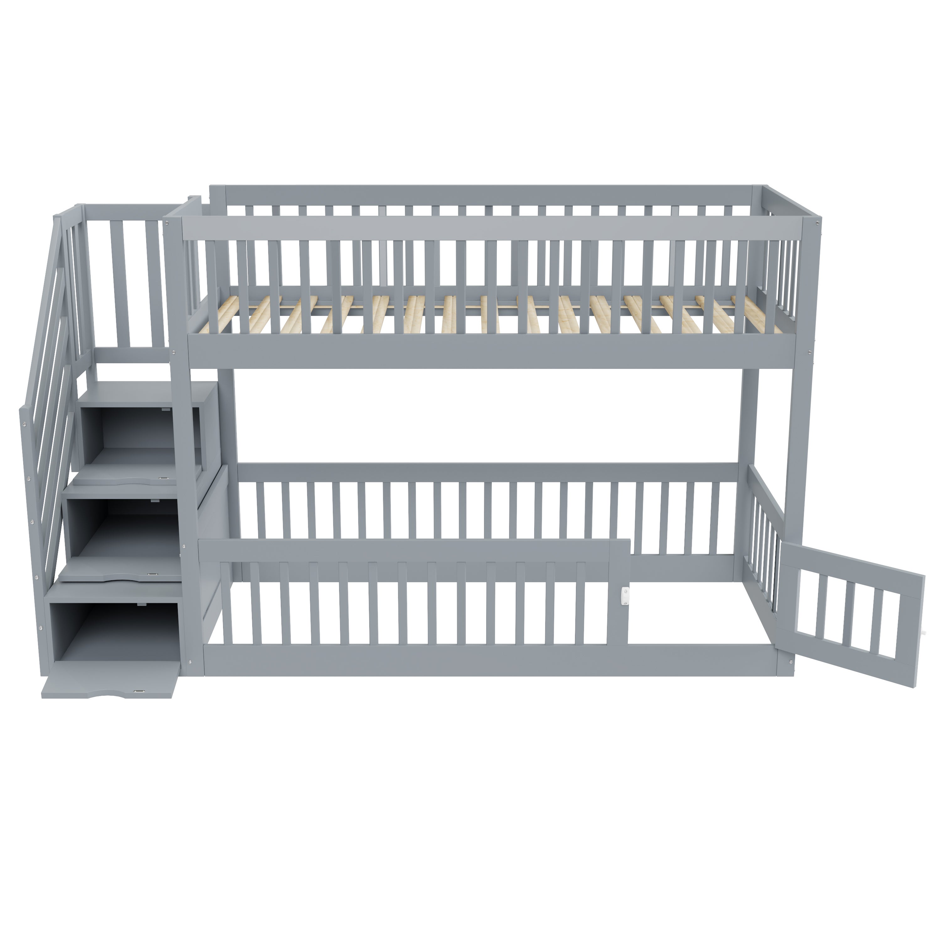 Lit superposé 90x200cm - avec escalier de sécurité - avec 3 tiroirs - Gris (matelas non inclus) - 7