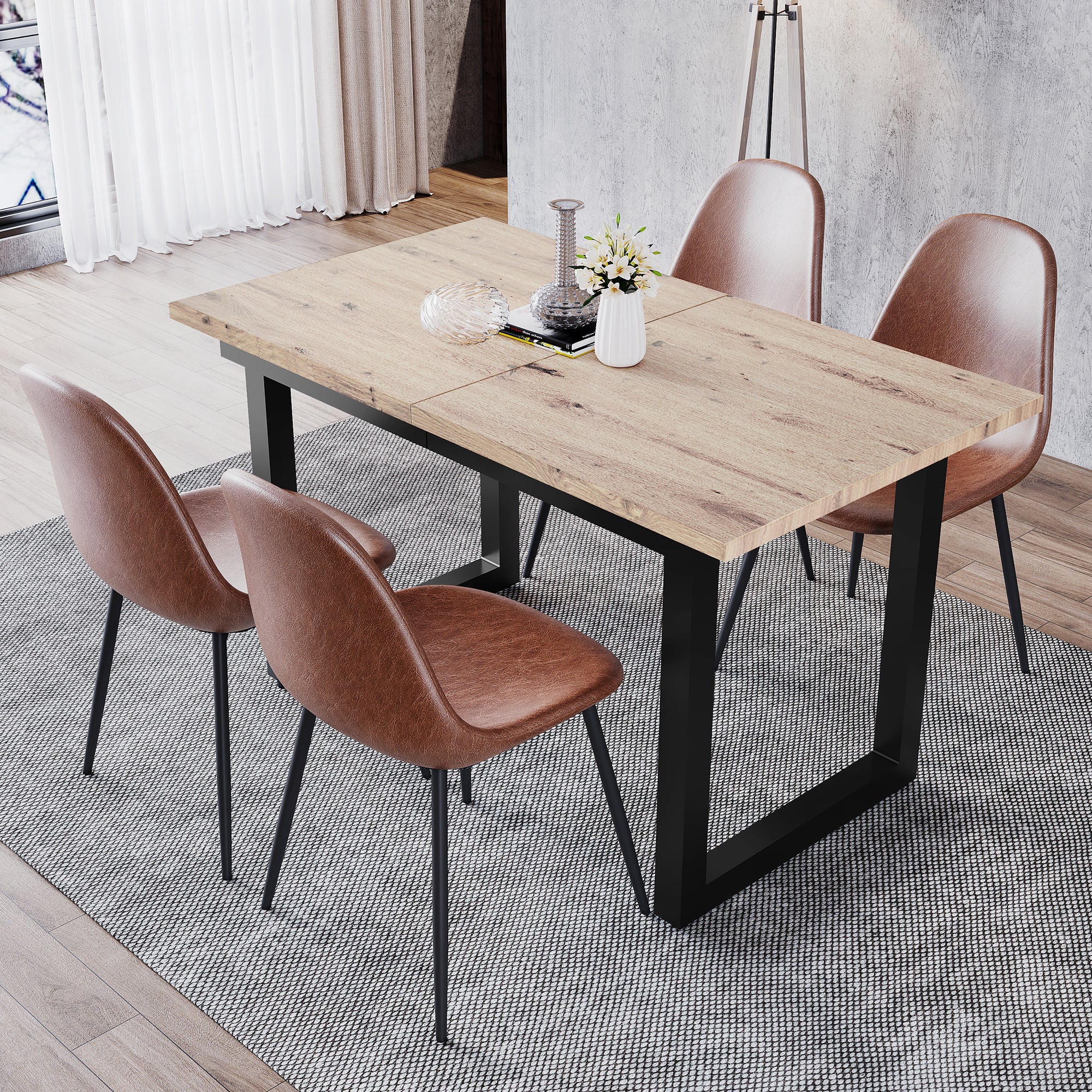 Table à manger extensible 2 à 6 couverts en Panneaux de particules et métal - 140/180 x 80 x 75 cm - Naturel et noir - 7