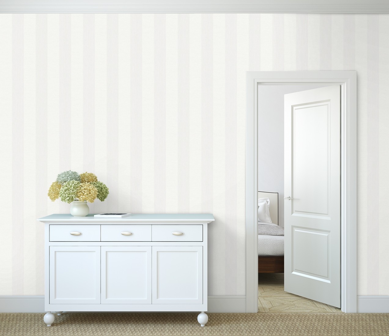 Papel pintado vinílico de rayas metalizadas blancas con textura en relieve - raya torino 679259 de gaulan - rollo de 10 m x 0,53 m