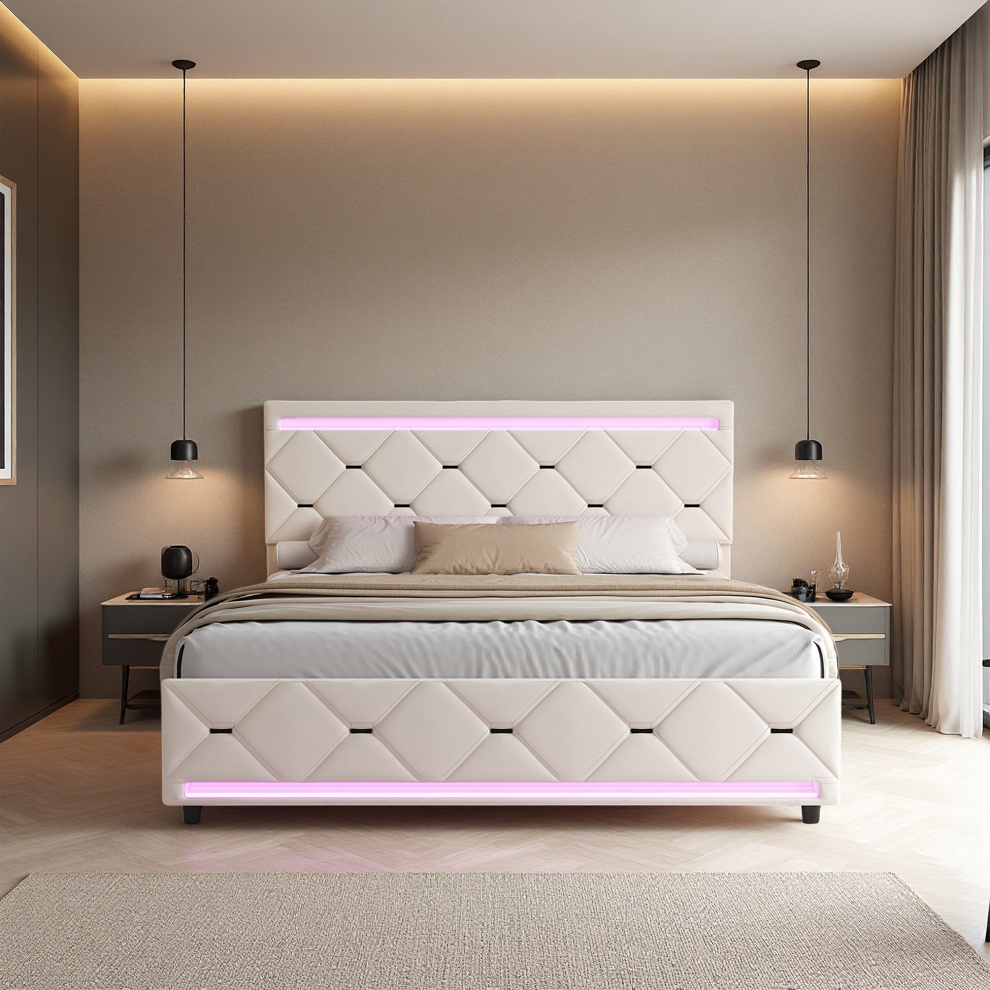Lit 140x190 cm avec LED et 4 tiroirs, cadre de lit double avec sommier à lattes, lit adulte, tissu en velours, 140x190 cm, blanc cassé - 2