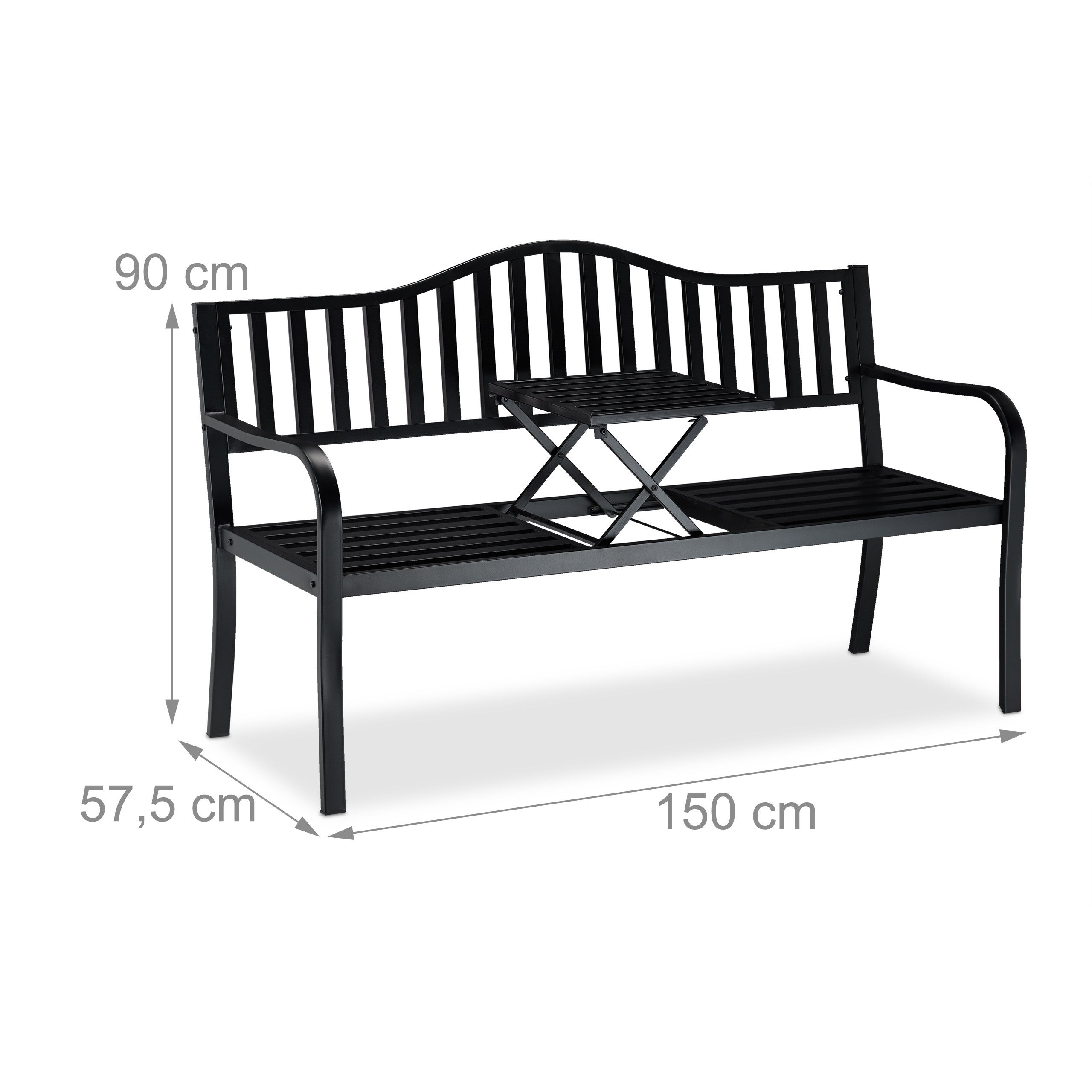 Banc de jardin avec table pliante, 3 places, extérieur, balcon et terrasse, robuste, 90 x 150 x 57,5 cm, noir, Relaxdays - 4
