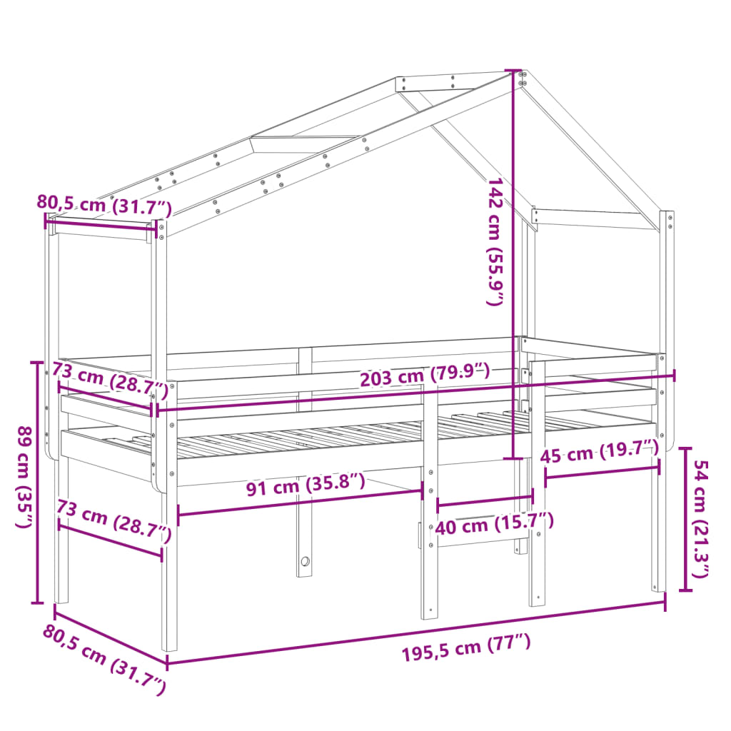 Lit haut avec toit 75x190 cm bois de pin massif - 9