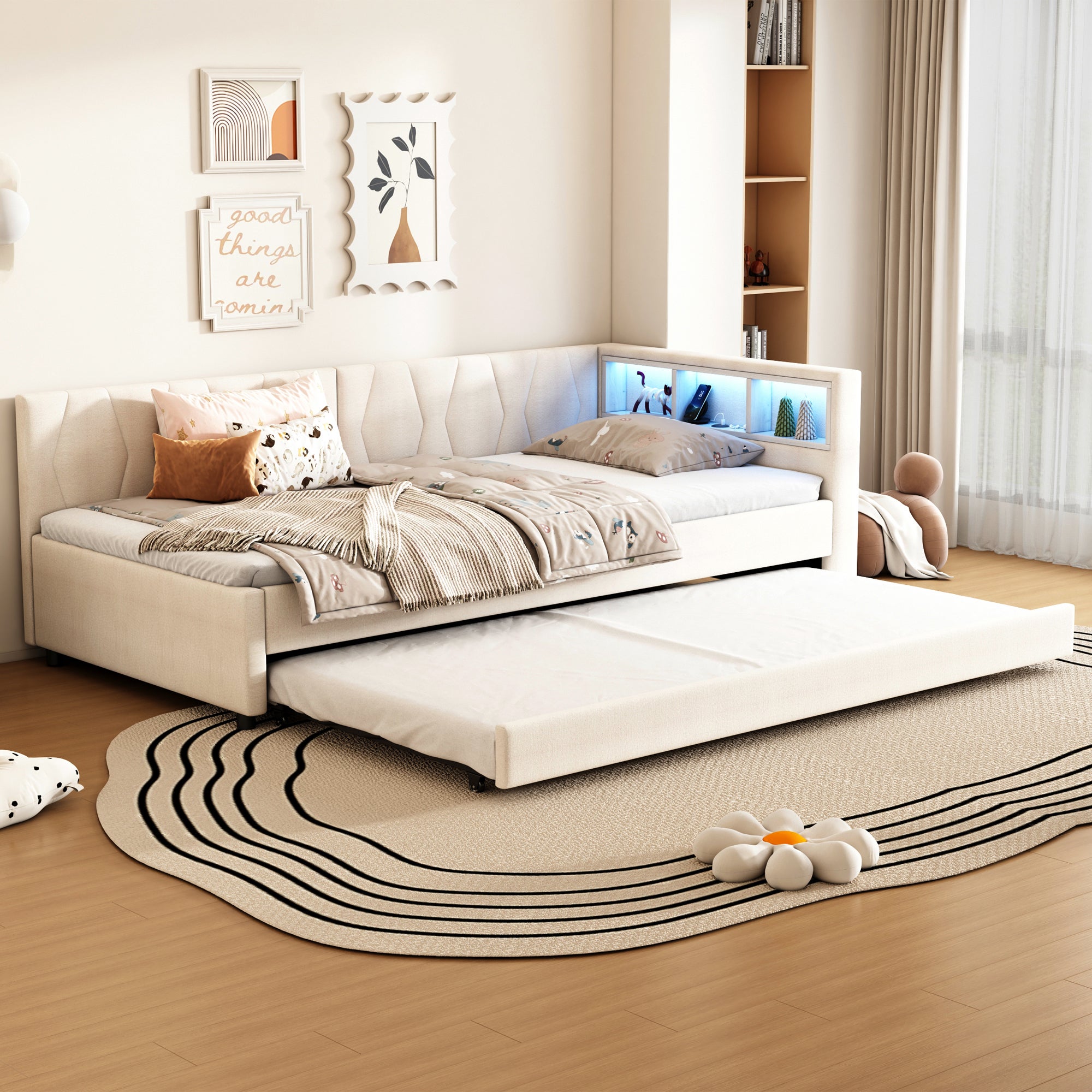 Łóżko wysuwane 90 x 200 cm + 90 x 190 cm z zagłówkiem i przegródkami - Ładowanie USB i typu C oraz diody LED - Tkanina lniana - Beżowy (bez materaca)