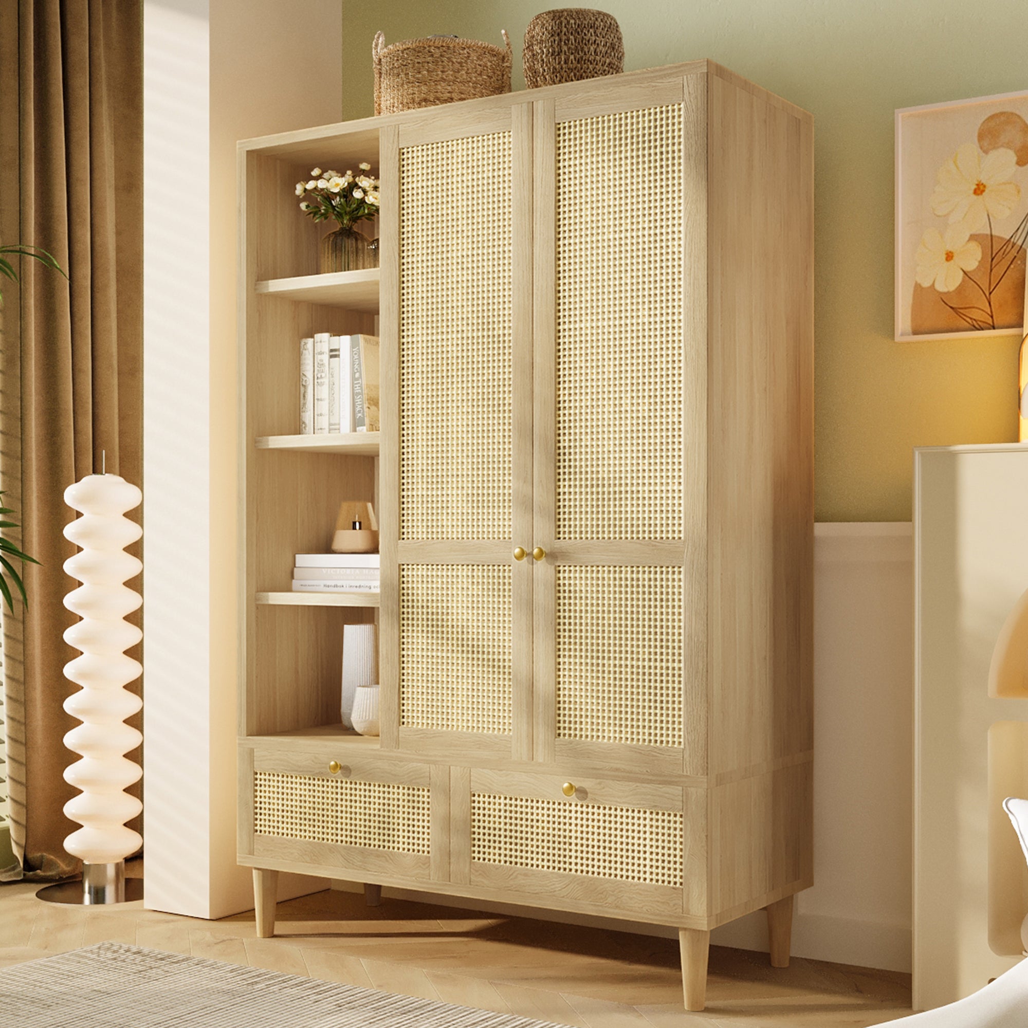 Armoire Penderie en Cannage Rotin 180x120x50 cm, 2 Portes avec 2 Tiroirs, tringle vêtements, Style Bohème Chic - Chêne - 3