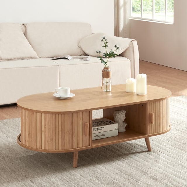 Table basse de salon Nordkapp avec portes coulissantes MDF bambou bois 120 x 55 x 40 cm naturel [en.casa]