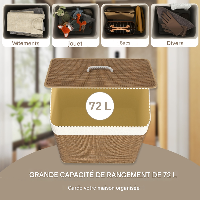 Panier à linge en bambou avec couvercle, 72 L, poignées en corde, sac à linge amovible, panier à linge - marron - 7