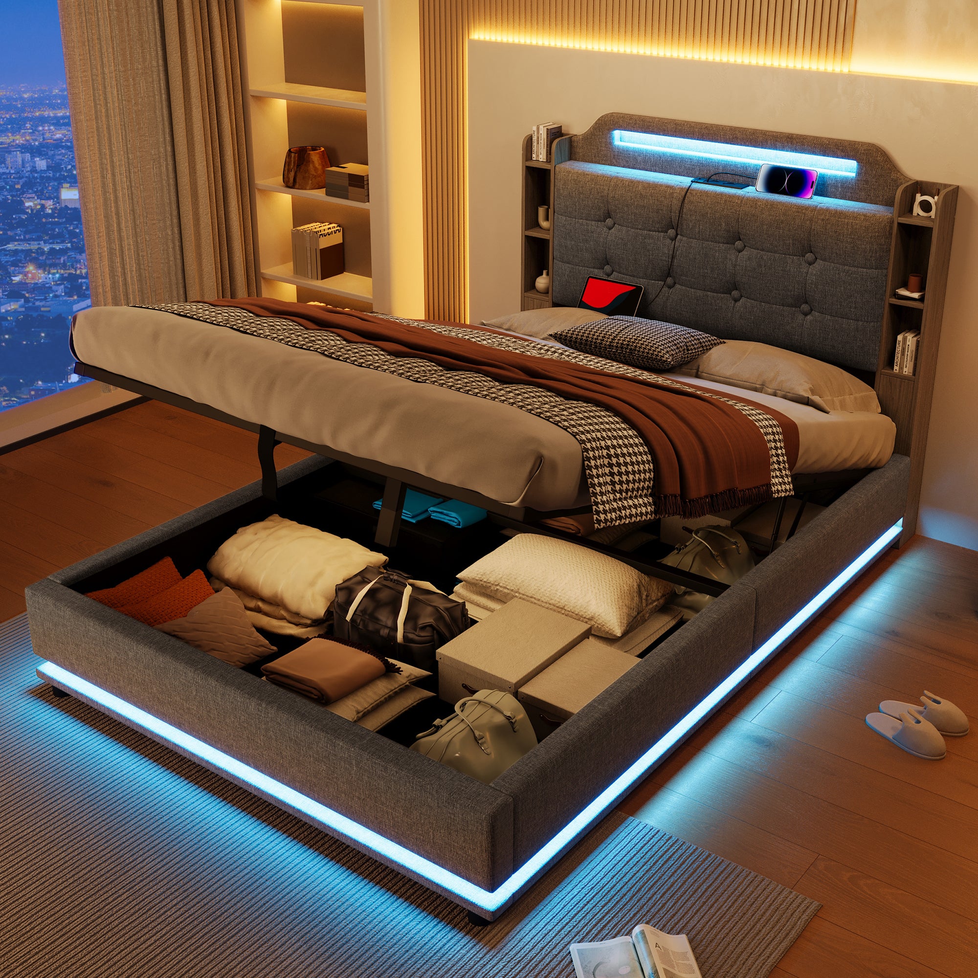 Łóżko z pojemnikiem 140 x 200 cm z zagłówkiem i przegródkami - Tkanina lniana - Diody LED + gniazda USB + typu C - Szare (Bez materaca)