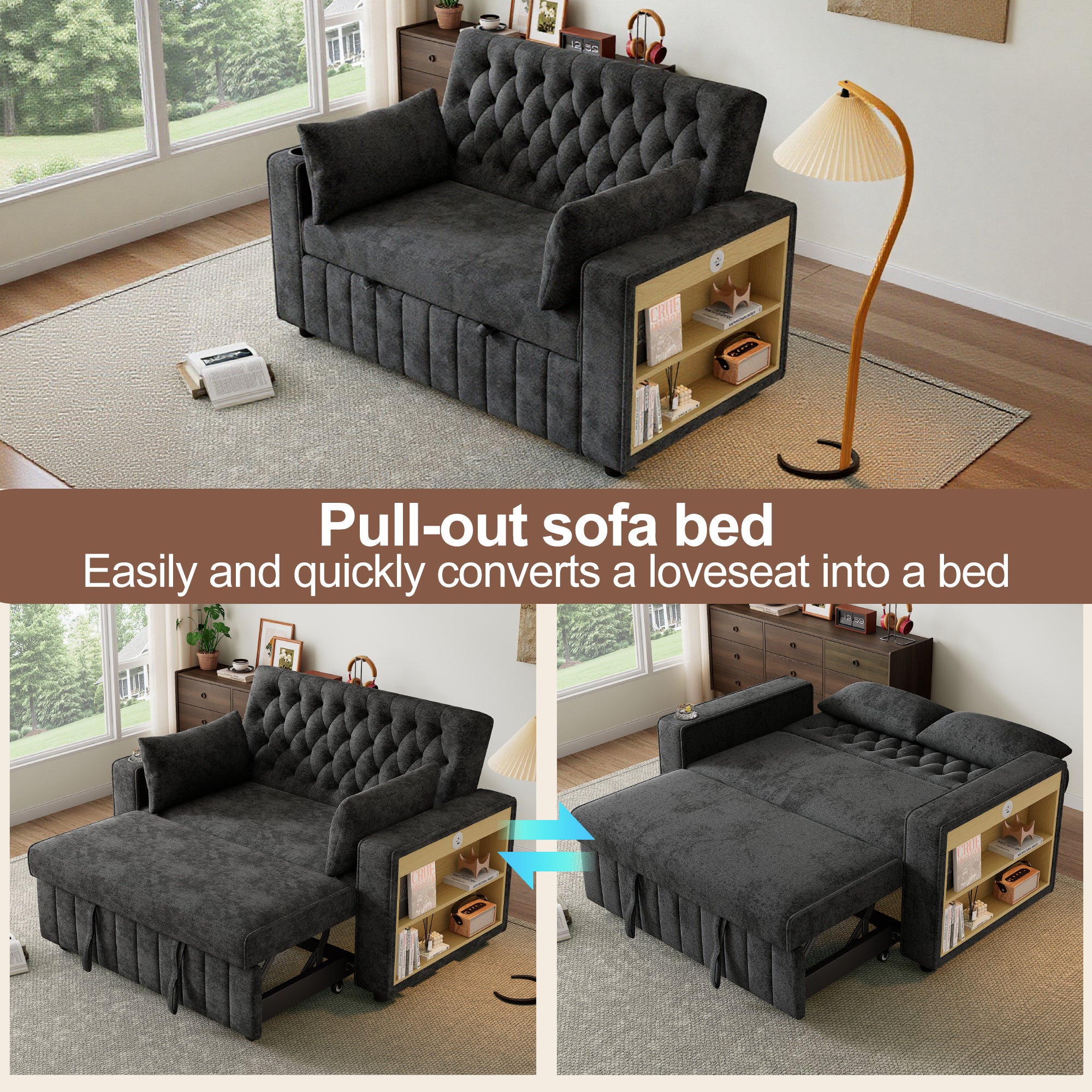 Canapé pliant moderne pour 2 personnes - avec porte-gobelets - avec ports de charge USB - avec coussins - tissu chenille - Gris - 4