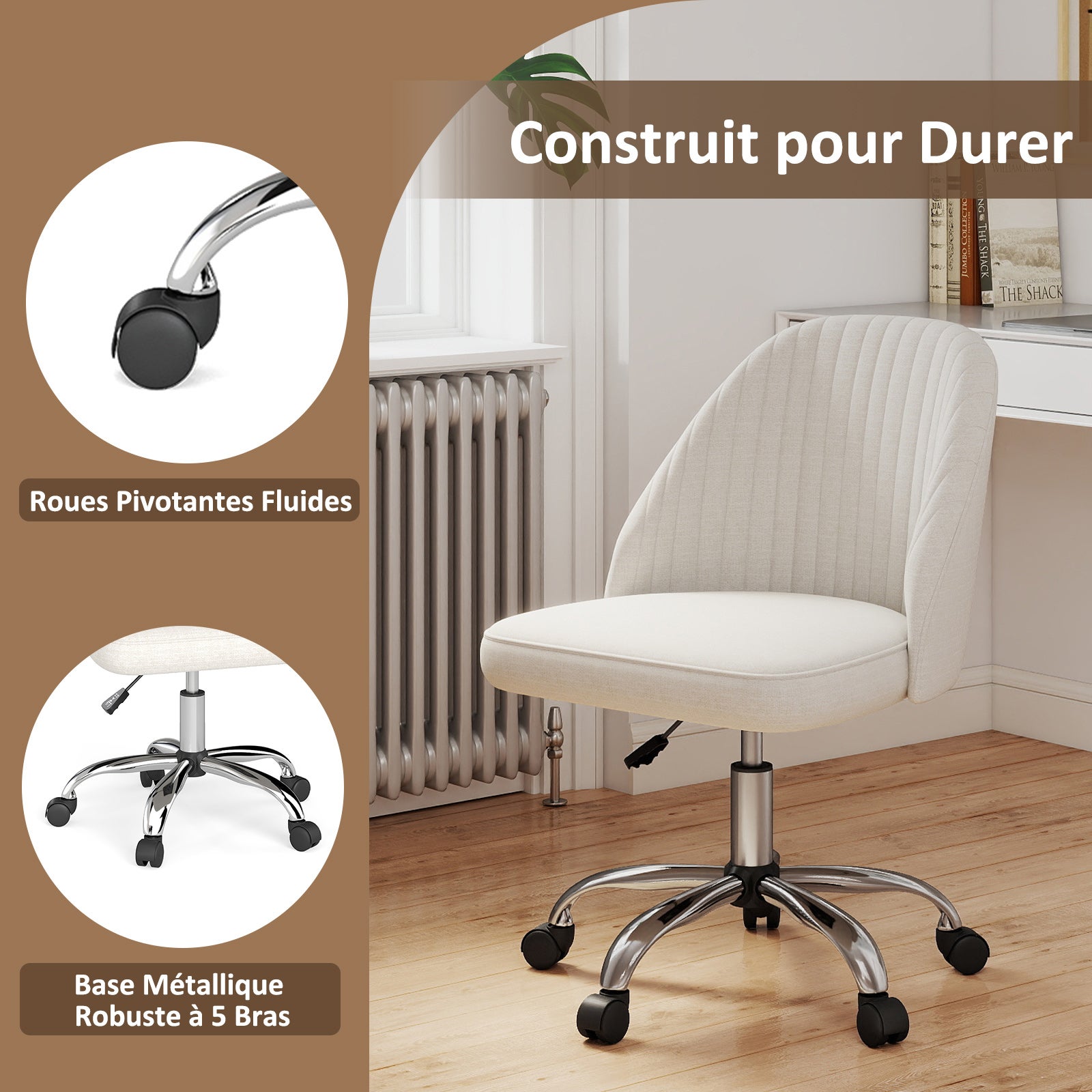 Chaise de Bureau Pivotante, Chaise de Coiffeuse sur Roulettes avec Siège Rembourré sans Accoudoirs, Réglable en Hauteur, Beige - 4