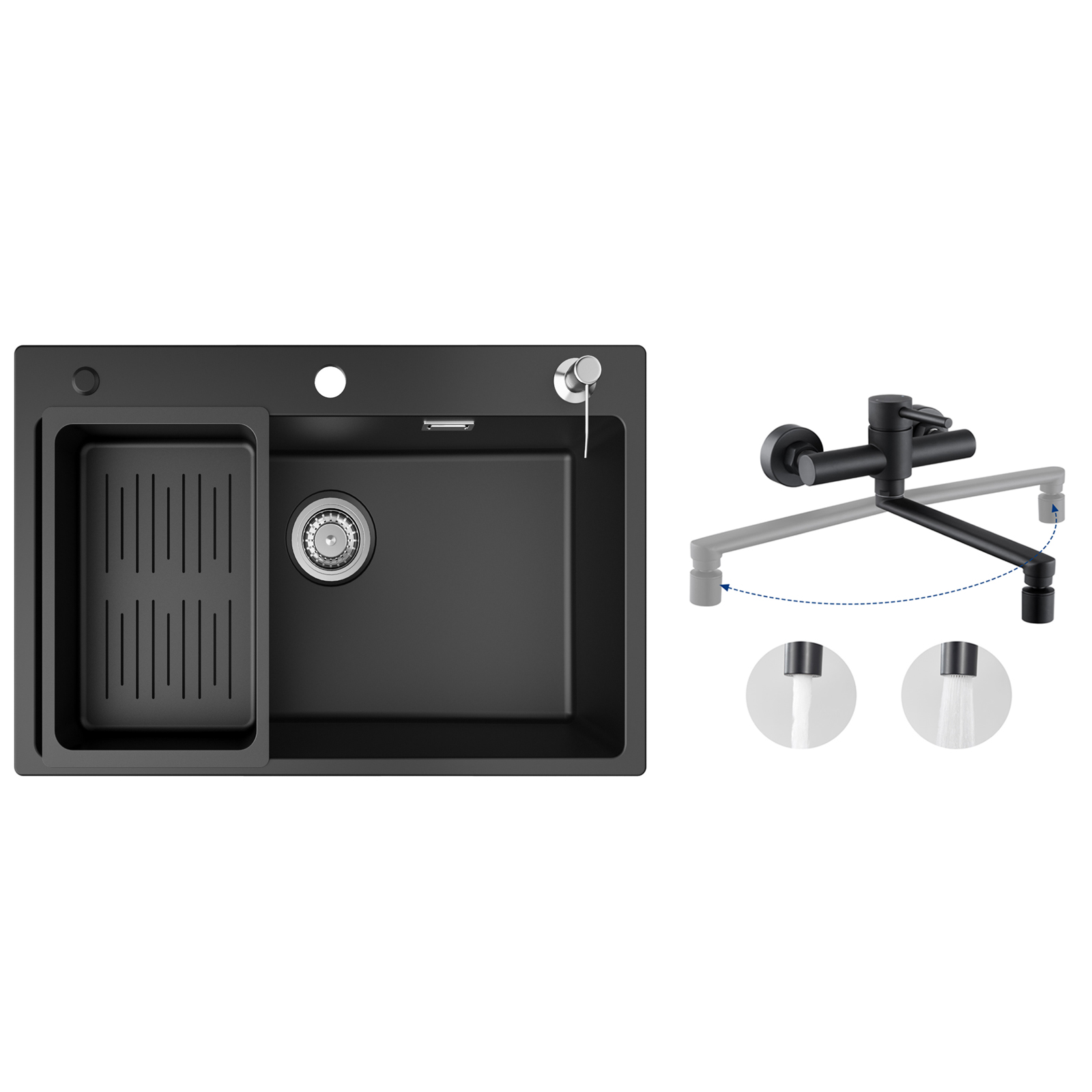 Fregadero de 1 seno 70x45 cm fregadero de cuarzo y resina negro con escurridor y dispensador de jabón + mezclador de cocina de pared con 2 chorros