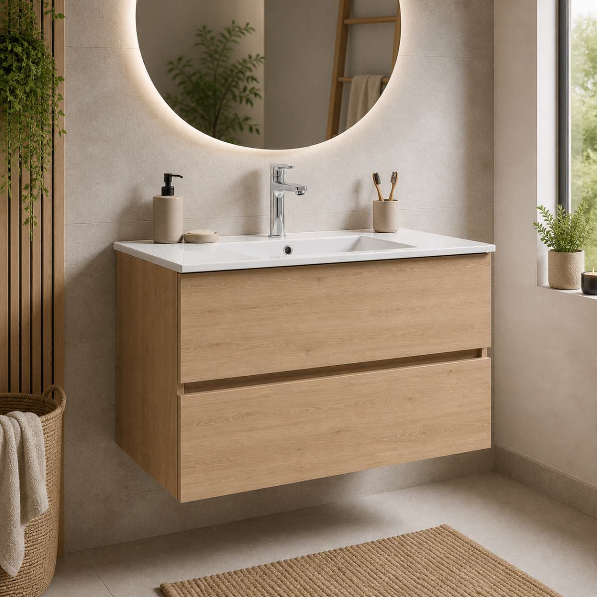 Meuble salle de bain ANCONA 100cm – Plan vasque céramique, 2 tiroirs, finition Finition Chêne Naturel, H 54cm x P 45cm - 4