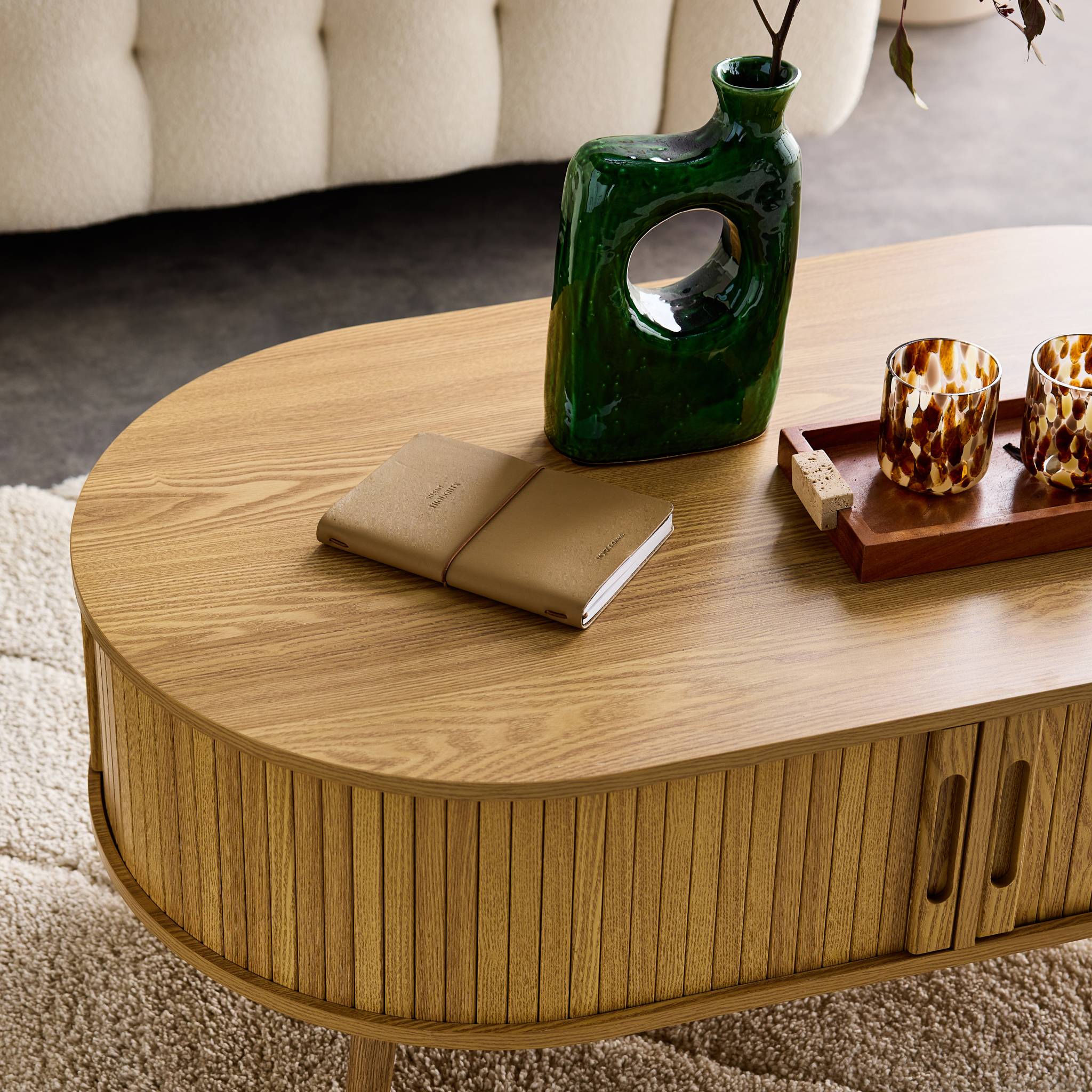 Table basse 2 portes coulissantes avec 3 compartiments décor bois rainuré. L 110 x P 59 x H 39cm LEGACY - 4