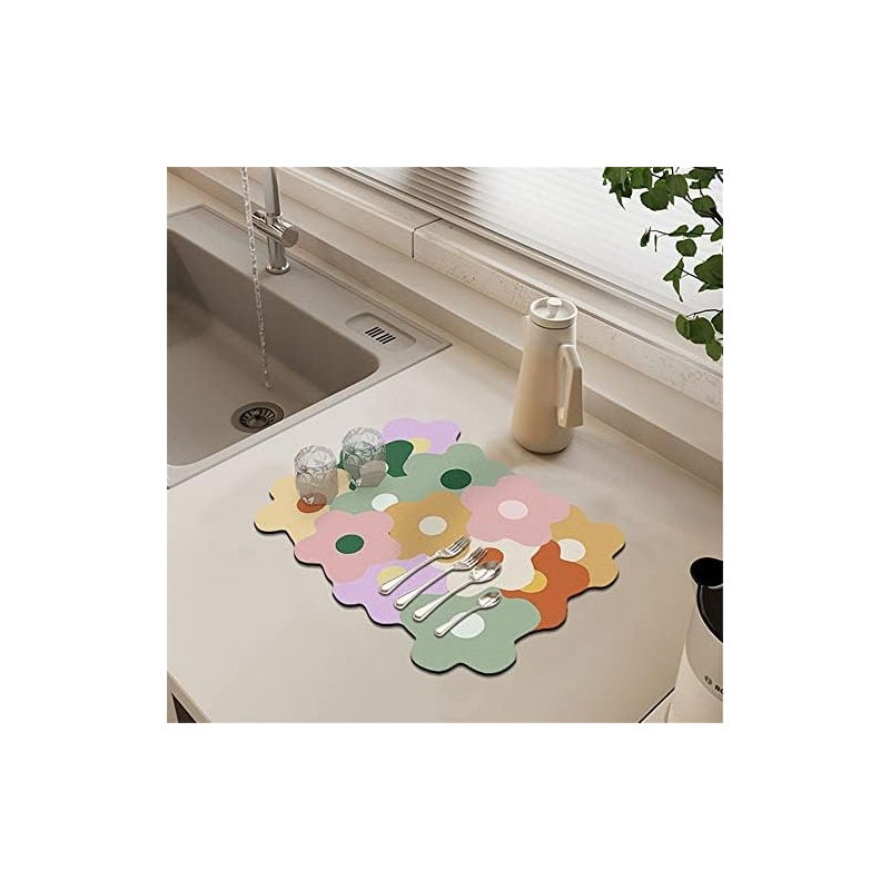 szt. (30x40 cm, zielono-różowy kwiat) mata do osuszania naczyń, superchłonna mata do suszenia naczyń w kształcie kwiatu, szybkoschnąca mata do zlewu k