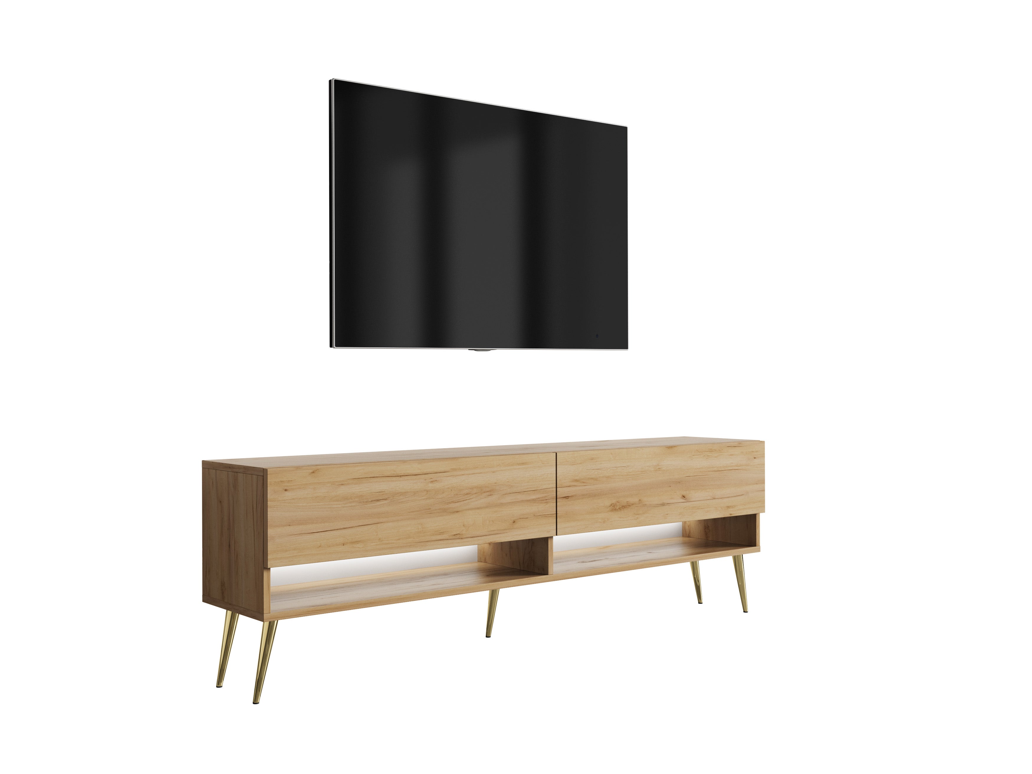 Szafka RTV : Dąb Craft, nóżki pochyłe złote, LED biały, 170 × 32 × 52 cm