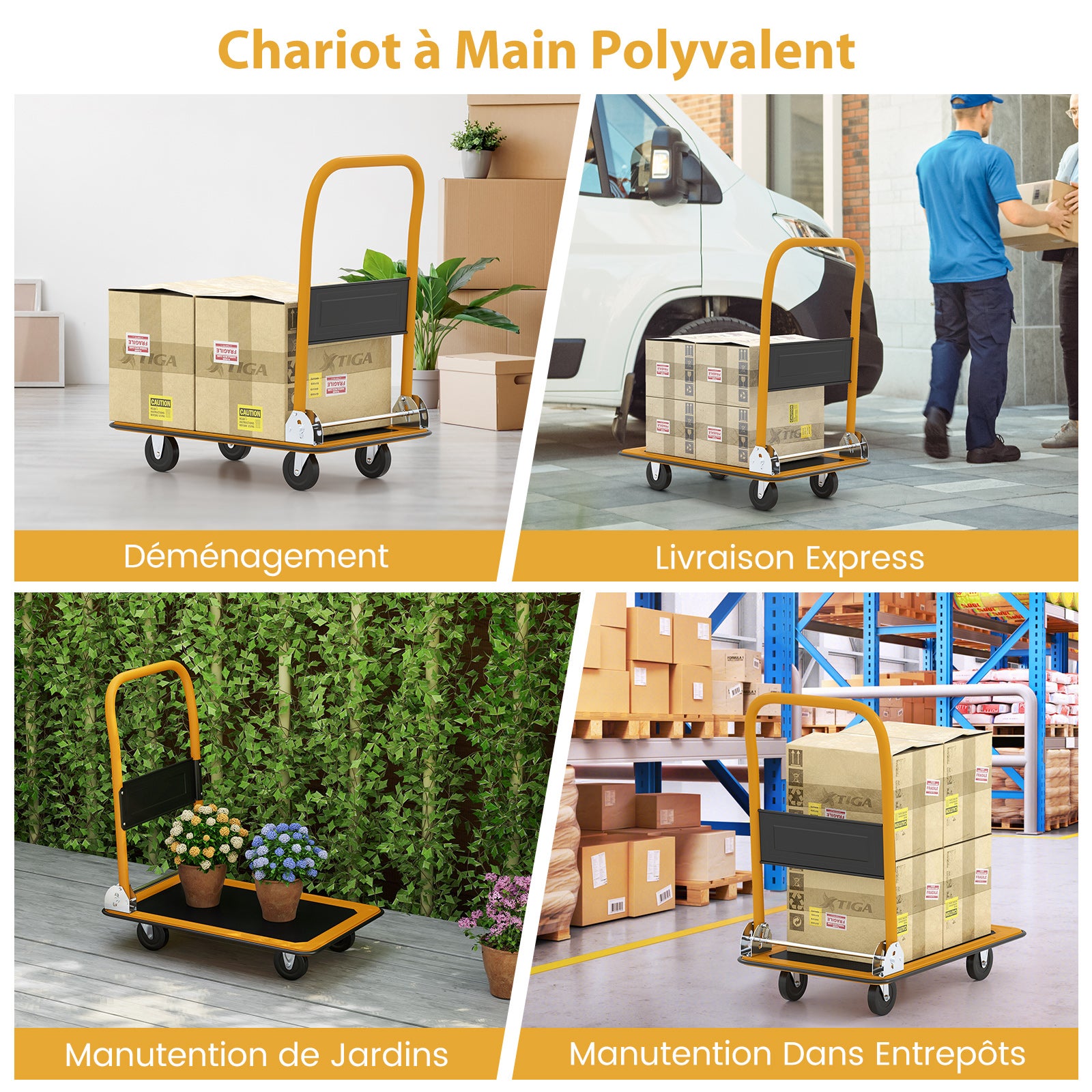 Carrinho Dobrável com Plataforma, Carrinho de Transporte, Carrinho com Plataforma Giratória 360° com 4 Rodas Pivotantes, Capacidade de Carga de 150 KG - 2