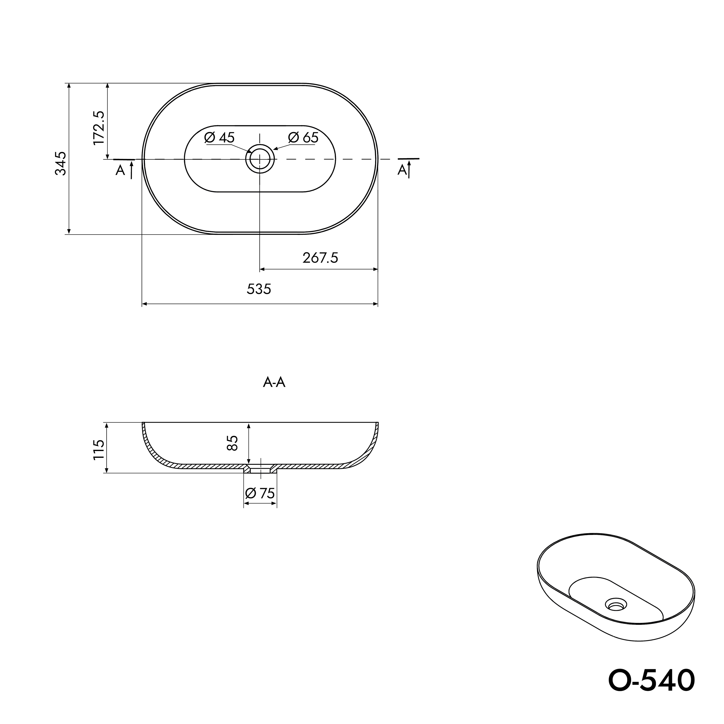 BERNSTEIN - Vasque à poser O-540 en fonte minérale - blanc mat - 54x34x10,5cm Sans cache - 5