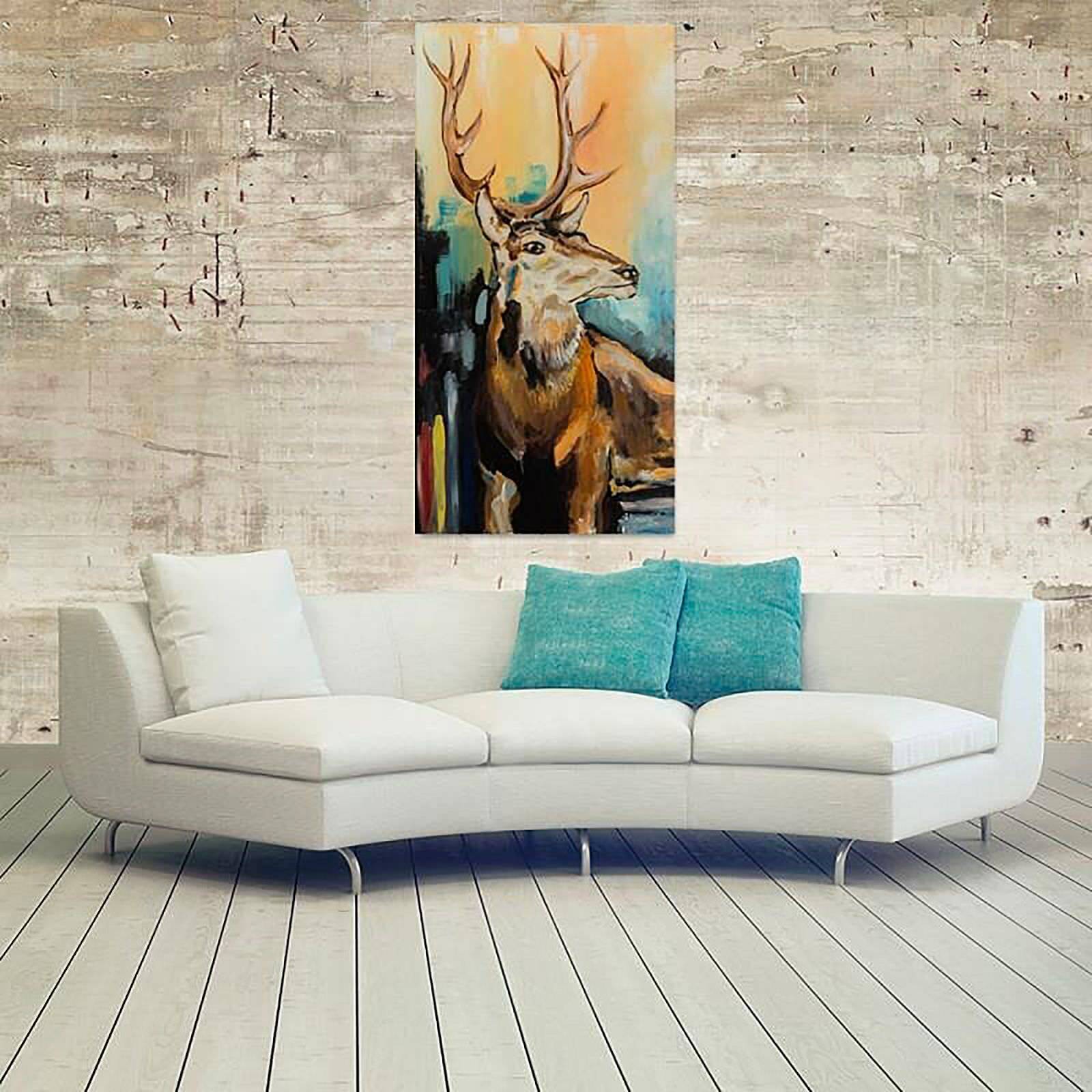 Tableau bois cerfs peints - 80 x 120 cm - 3