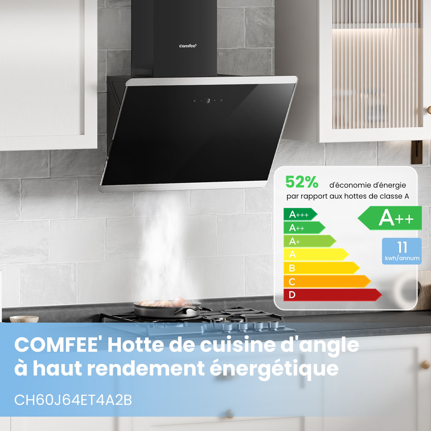 COMFEE Hotte Aspirante Inclinée 60cm 480m³/h Classe A++, Commandes Sensitives, BLDC Moteur, 3 Vitesses, 2 Filtres à Charbon, Verre Noir - 3
