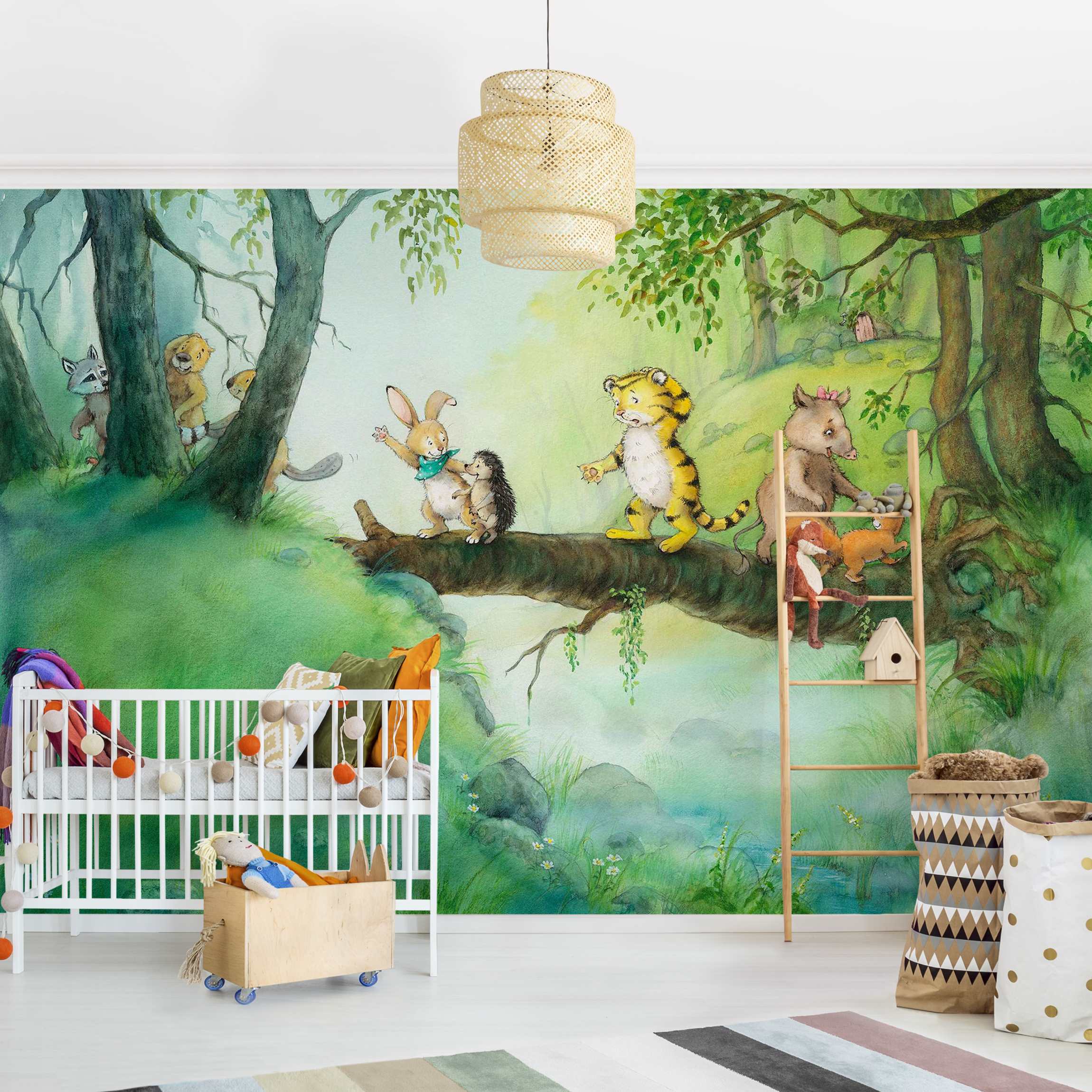 Papel pintado fotomural tigre animales bosque acuarela 63 - habitación infantil niño niña bebé - tnt 384 x 255 cm adhesivo
