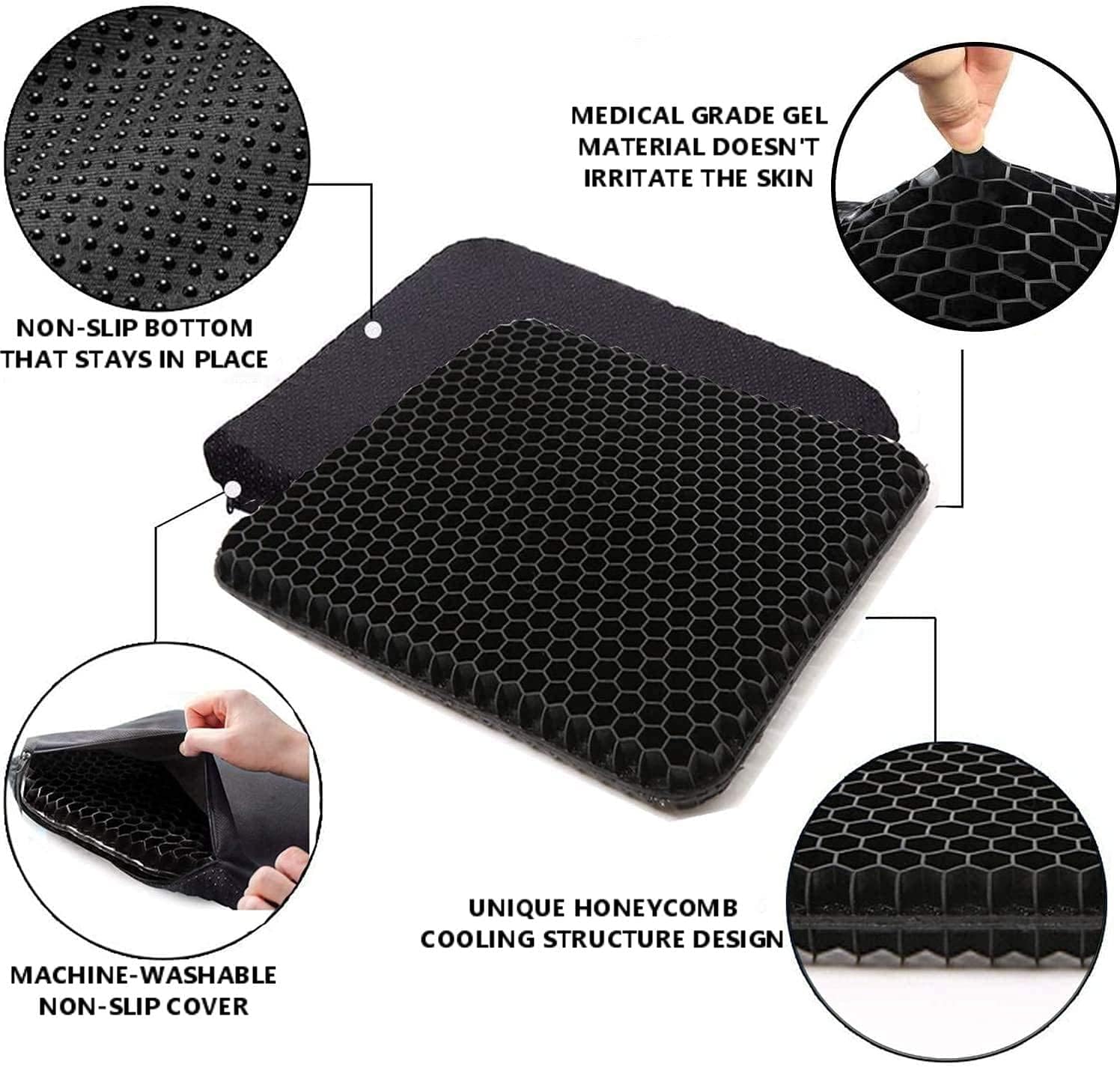 (Noir) Coussin de chaise, coussin en gel respirant, coussin anti-escarres, soulage la pression sur les orthopédiques avec housse antidérapante pour - 2