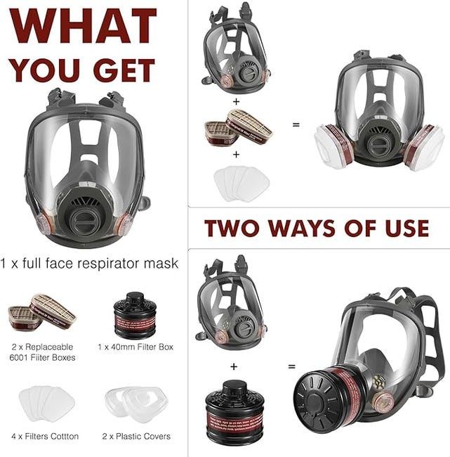 Masque respiratoire complet avec filtre à charbon actif pour la protection contre les gaz/poussières/vapeurs/brouillards chimiques (noir) - 2