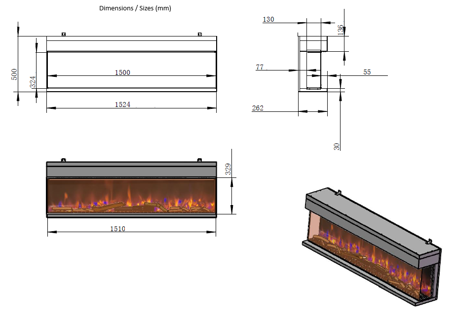 CHEMIN'ARTE - Cheminée électrique encastrable 3D 150 cm - Effet Flammes LED réaliste sur 3 Faces - Chauffage 2000W - Thermostat - Télécommande - 5