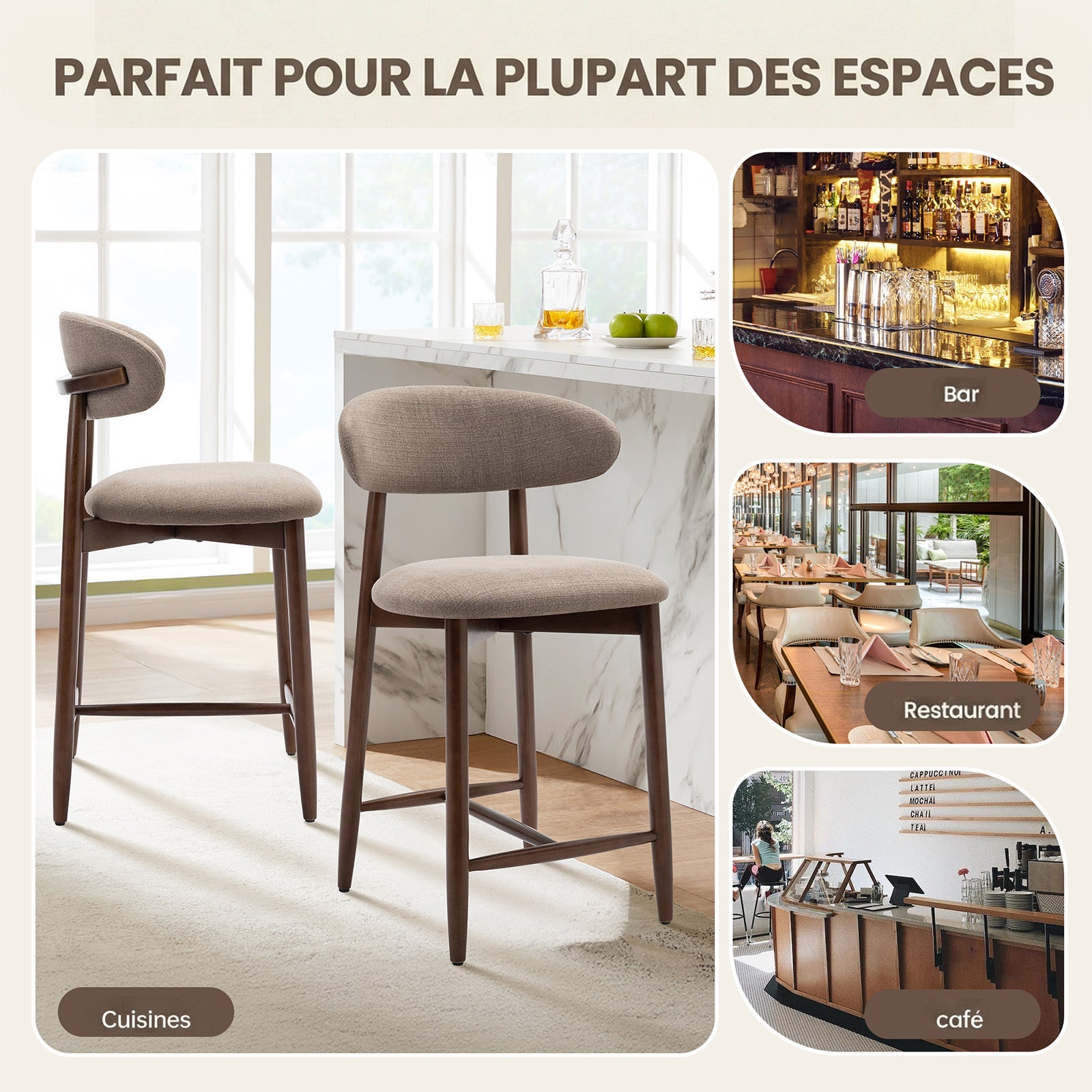 Lot de 2 Chaises de Bar Modernes, Assise Confortable en Tissu, Structure en Bois, Marron - 7