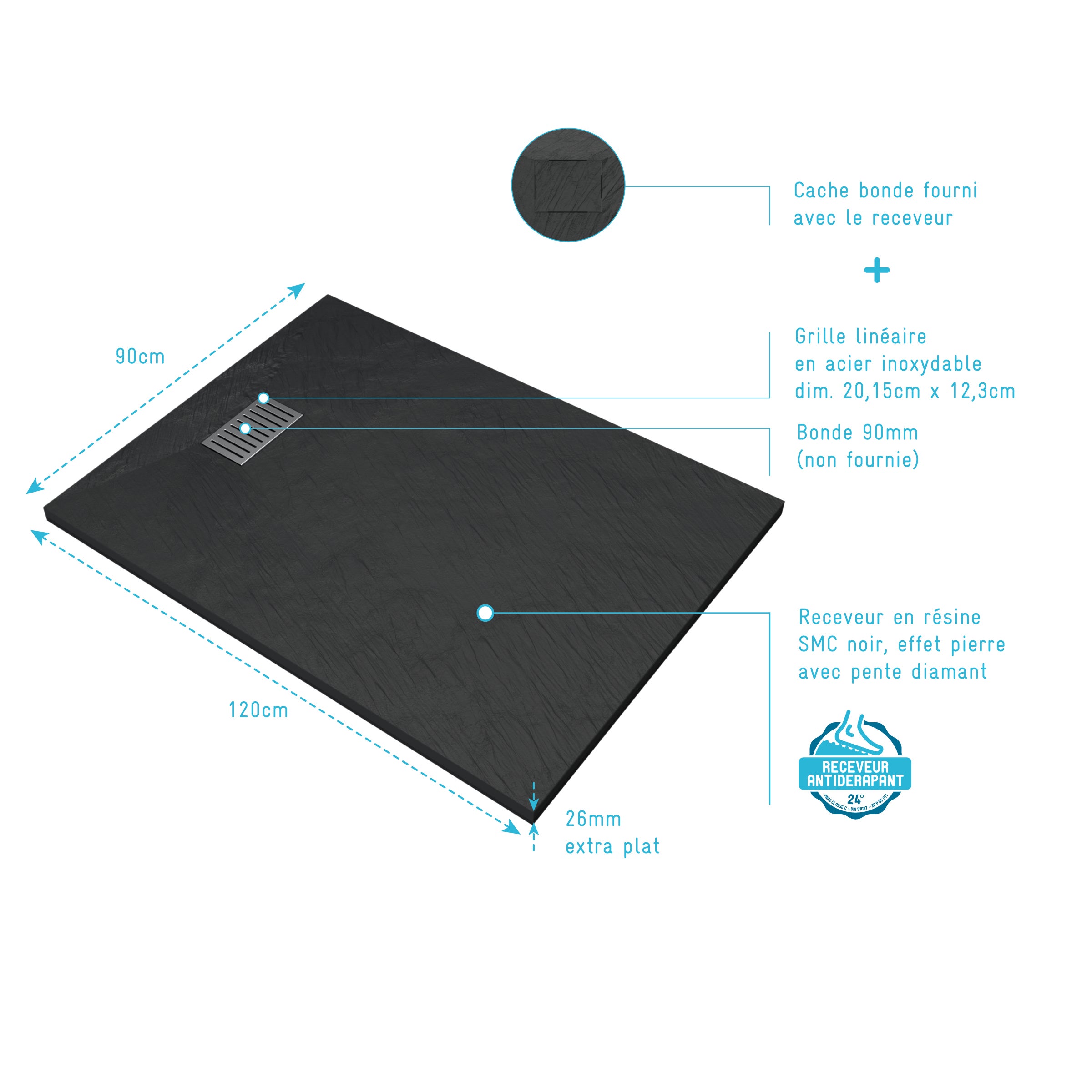 Receveur de douche Noir Effet Pierre 90x120 cm et Grille décor Linéaire en Inox - 4